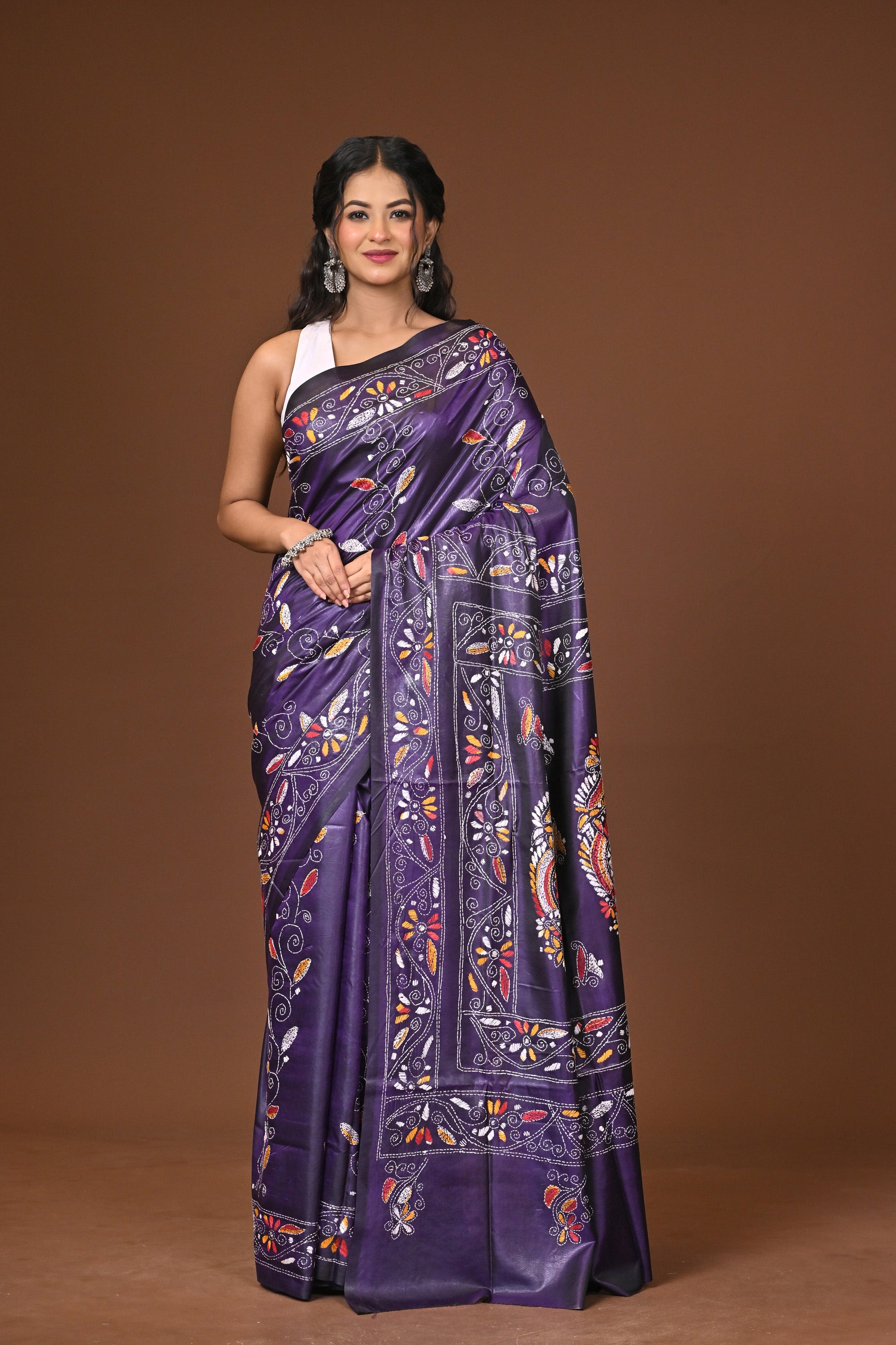 Blended Silk Kantha Stitch Saree Purple