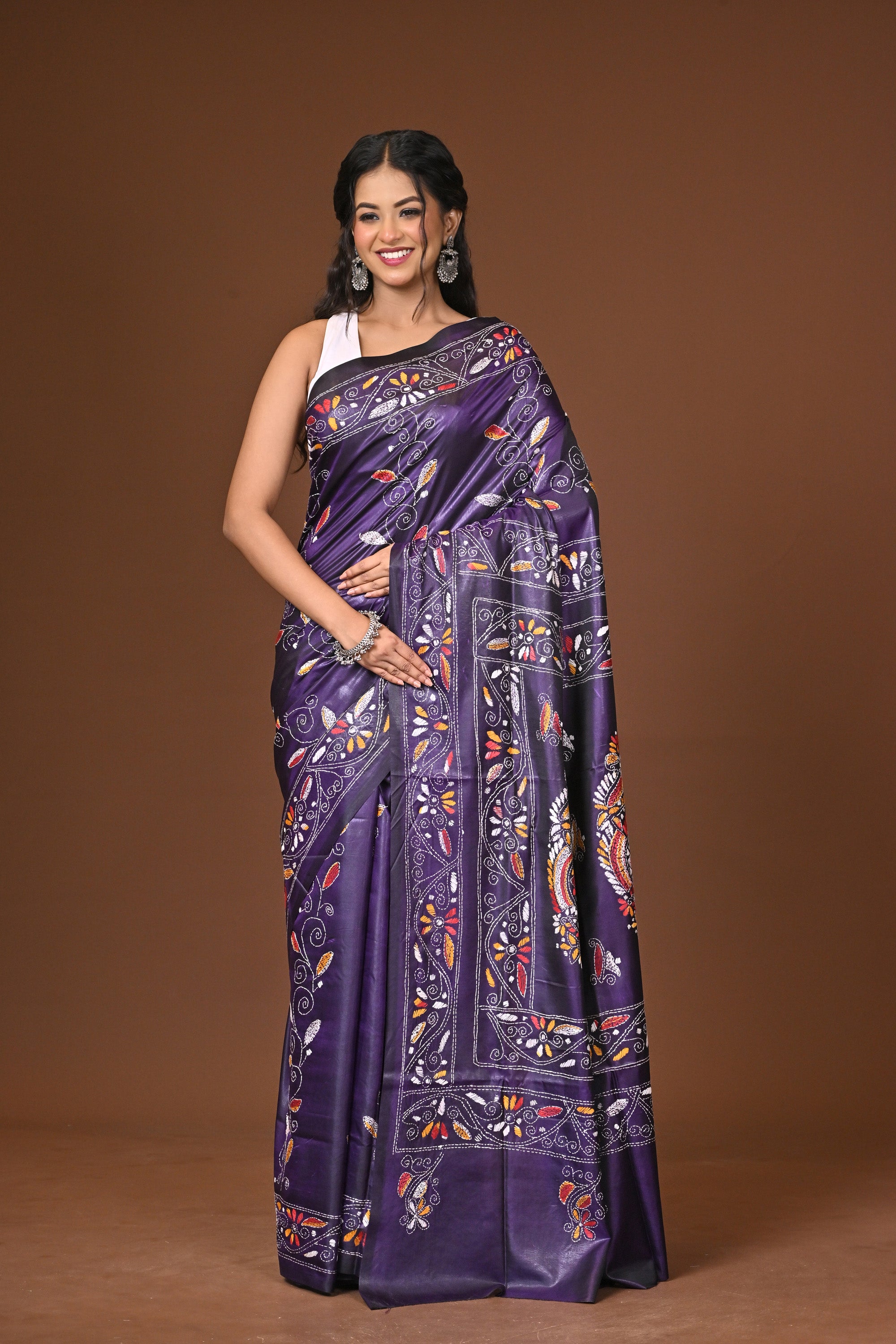 Blended Silk Kantha Stitch Saree Purple Thumbnail