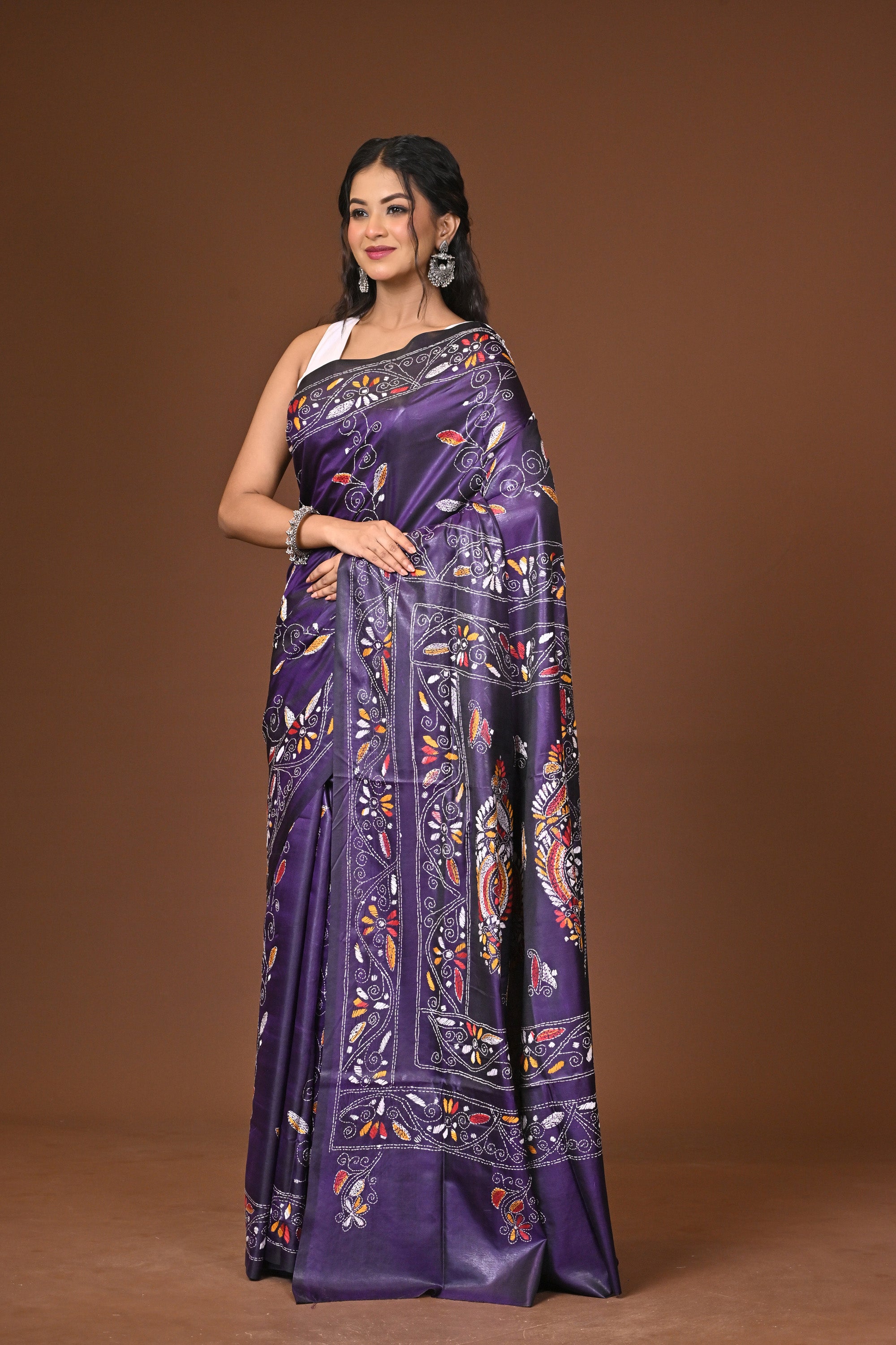 Blended Silk Kantha Stitch Saree Purple Thumbnail