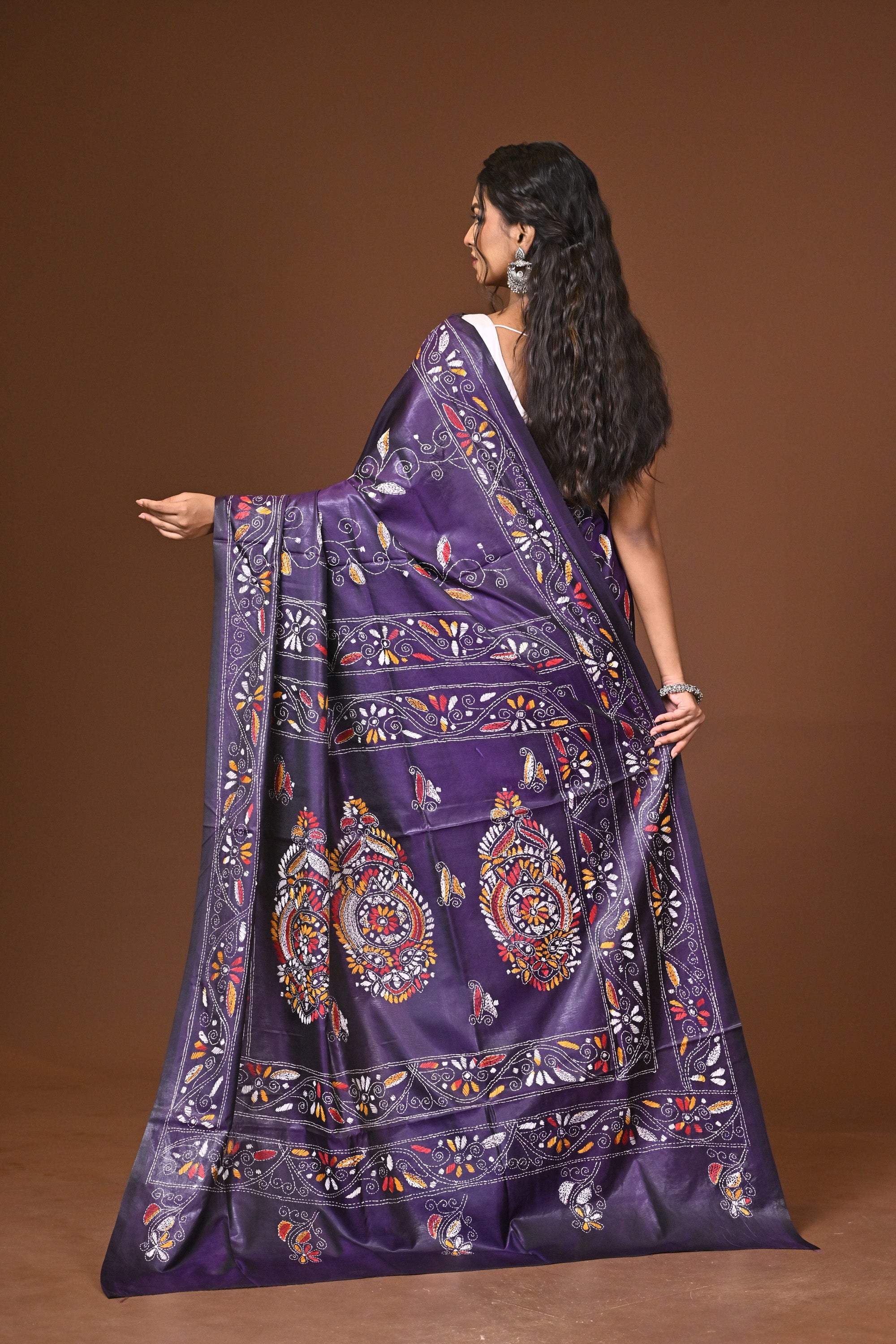 Blended Silk Kantha Stitch Saree Purple Thumbnail