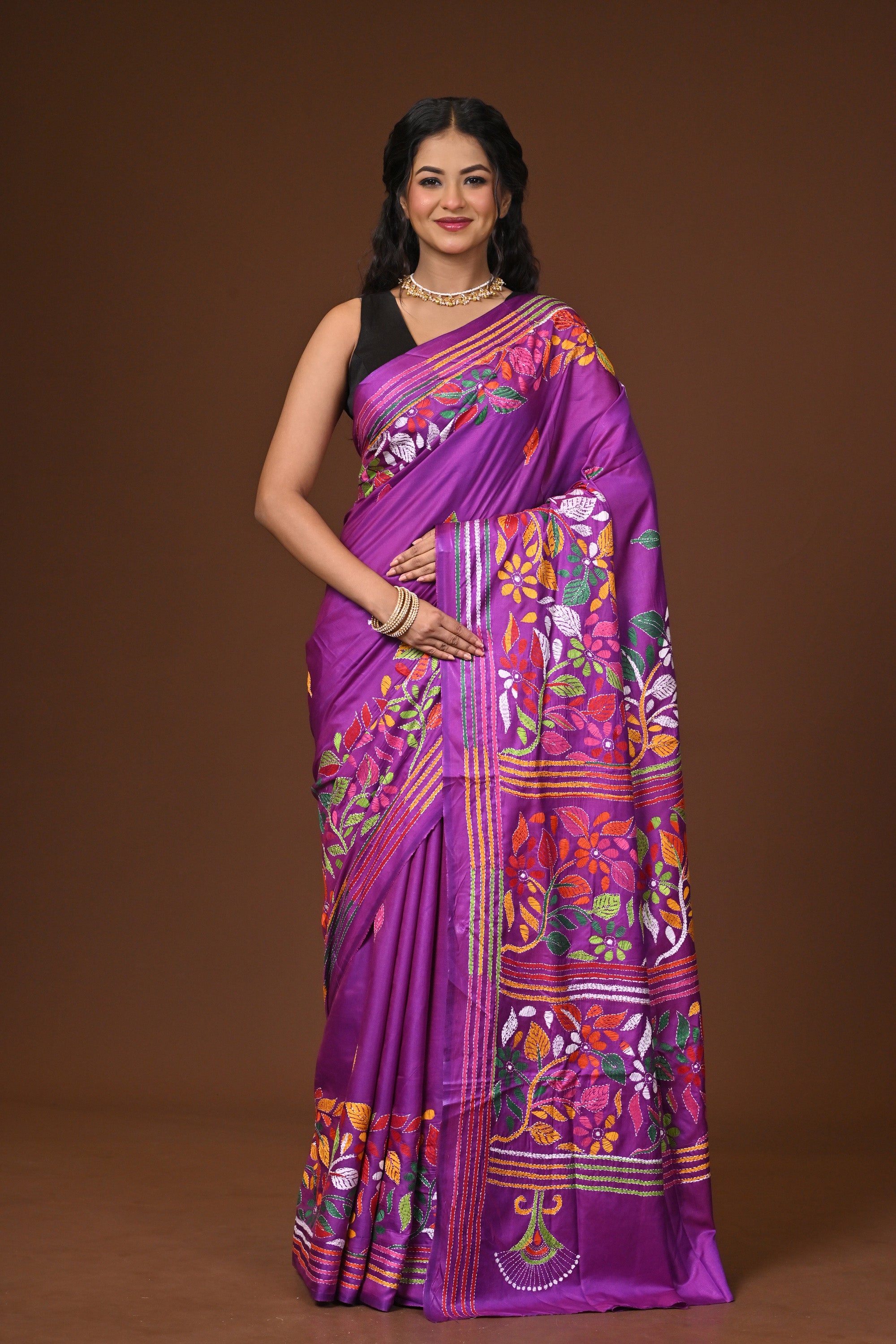 Blended Silk Kantha Stitch Saree Purple