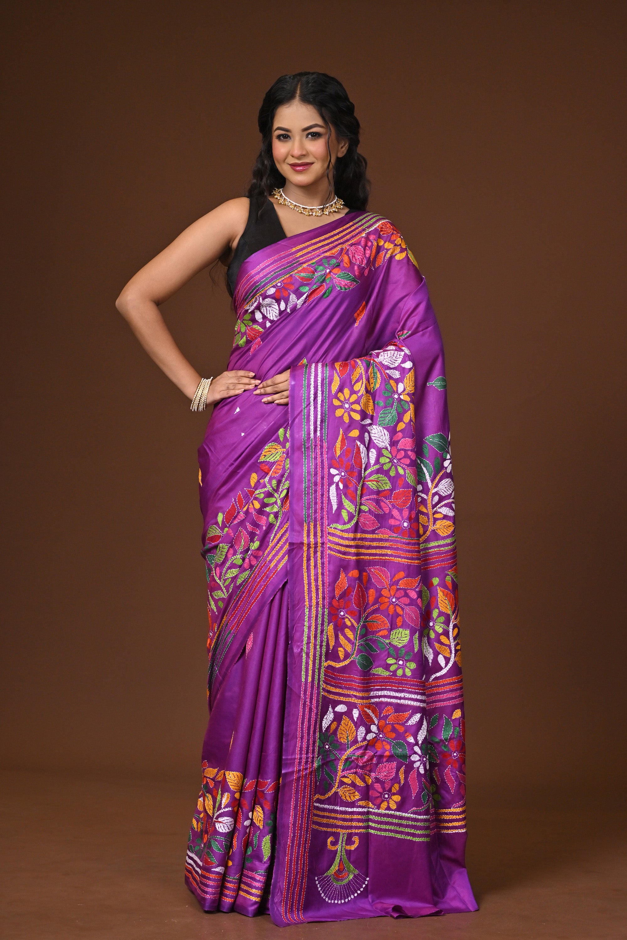 Blended Silk Kantha Stitch Saree Purple Thumbnail