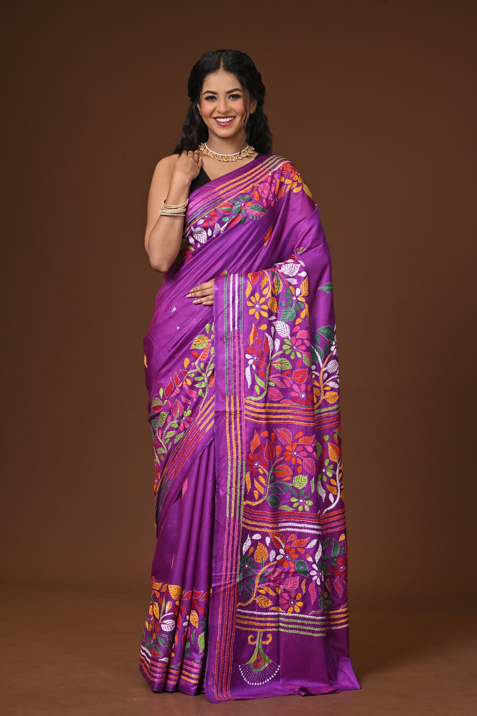 Blended Silk Kantha Stitch Saree Purple Thumbnail