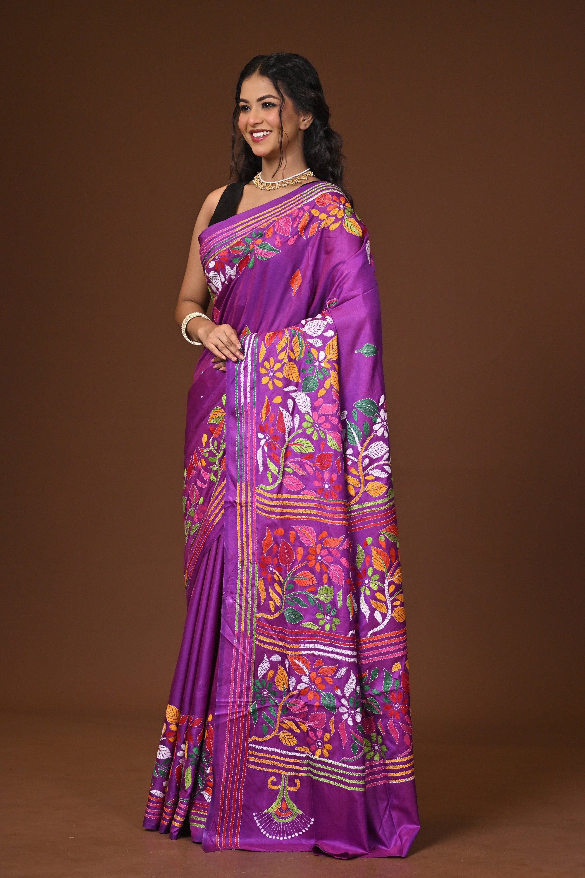 Blended Silk Kantha Stitch Saree Purple Thumbnail