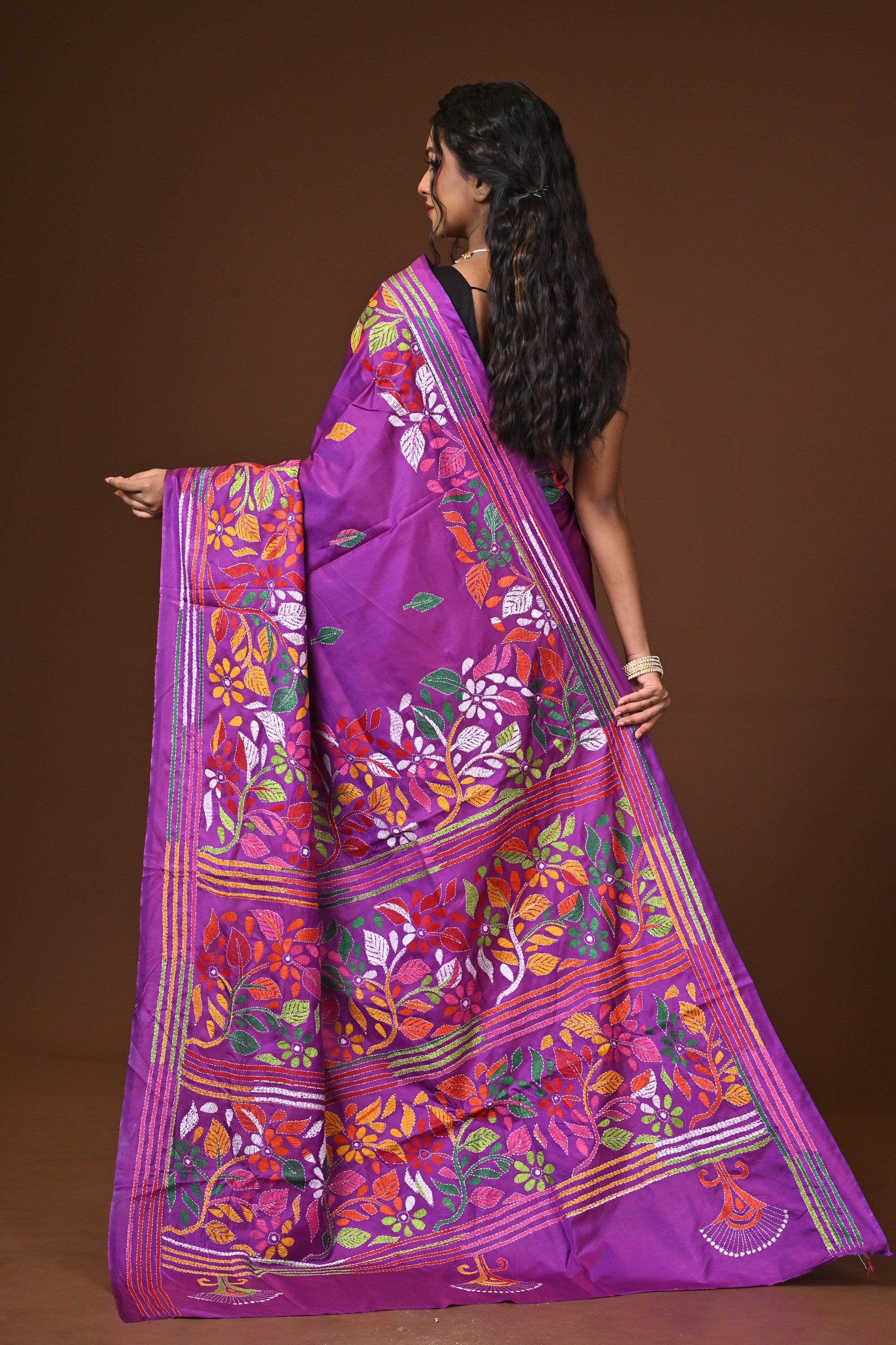 Blended Silk Kantha Stitch Saree Purple Thumbnail