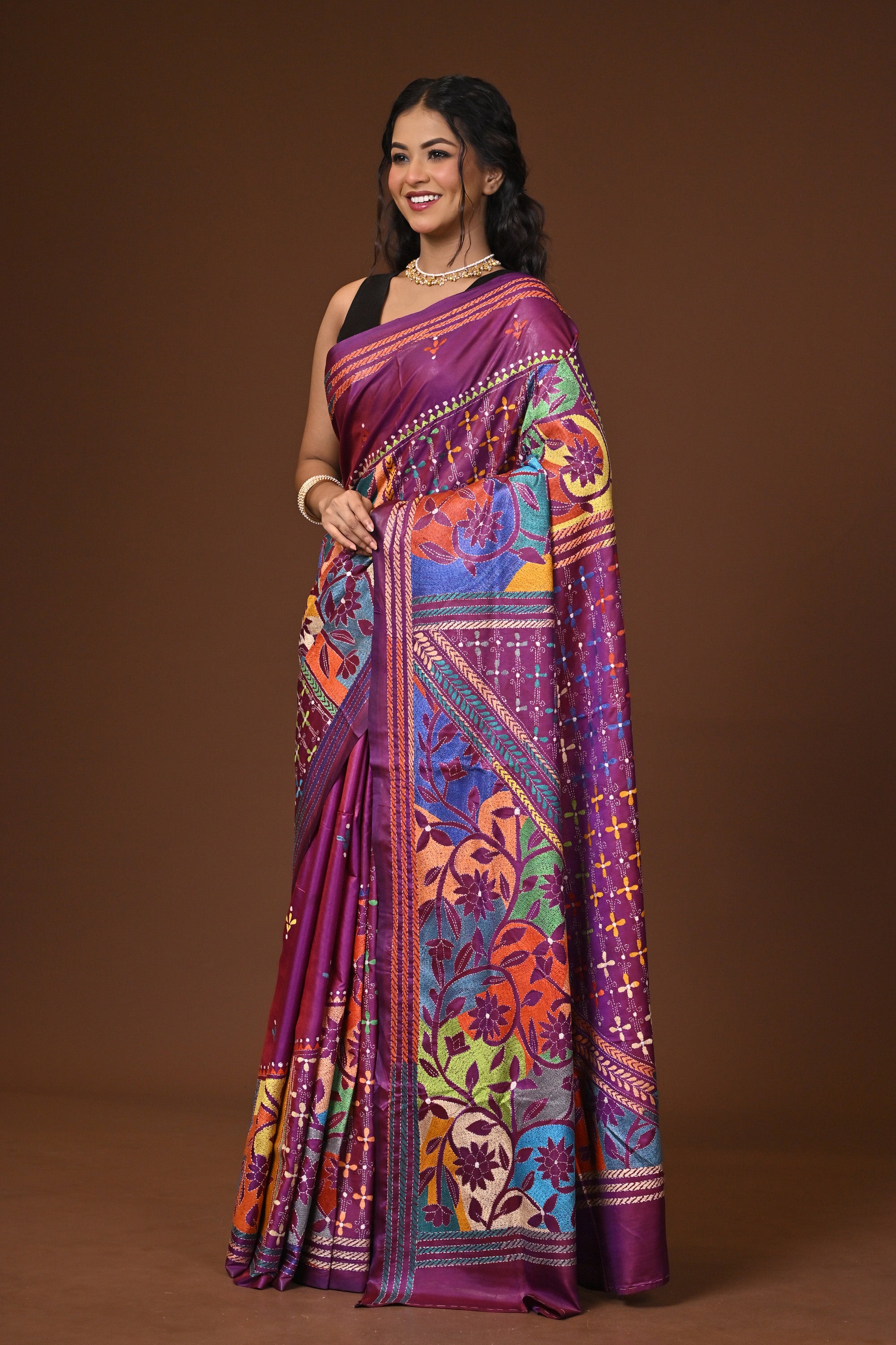 Blended Silk Kantha Stitch Saree Purple Thumbnail