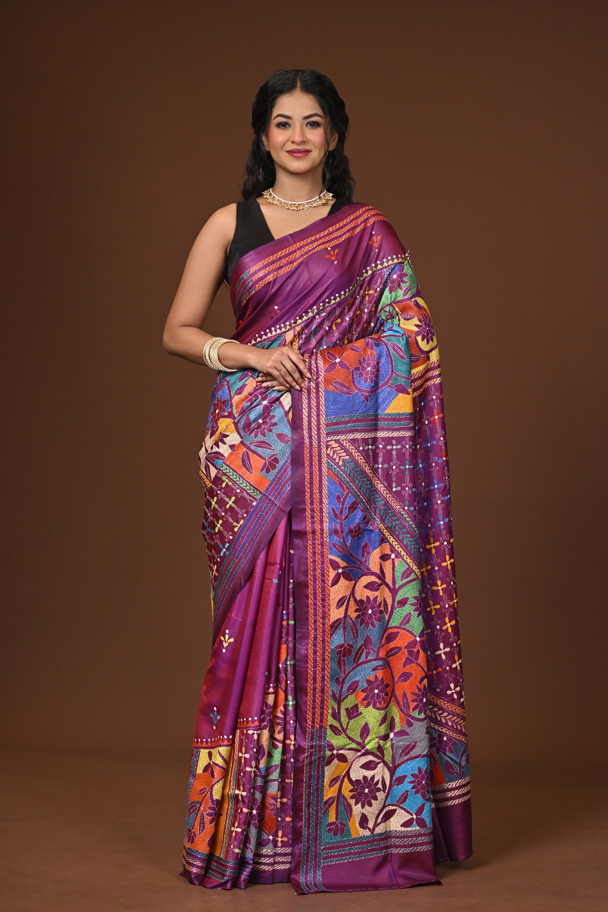 Blended Silk Kantha Stitch Saree Purple Thumbnail