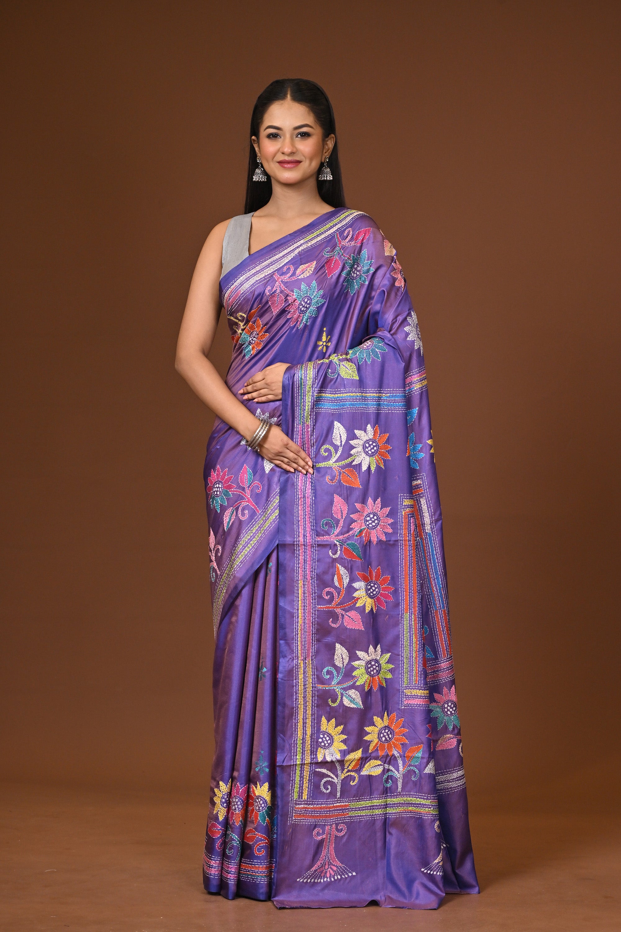 Blended Silk Kantha Stitch Saree Purple