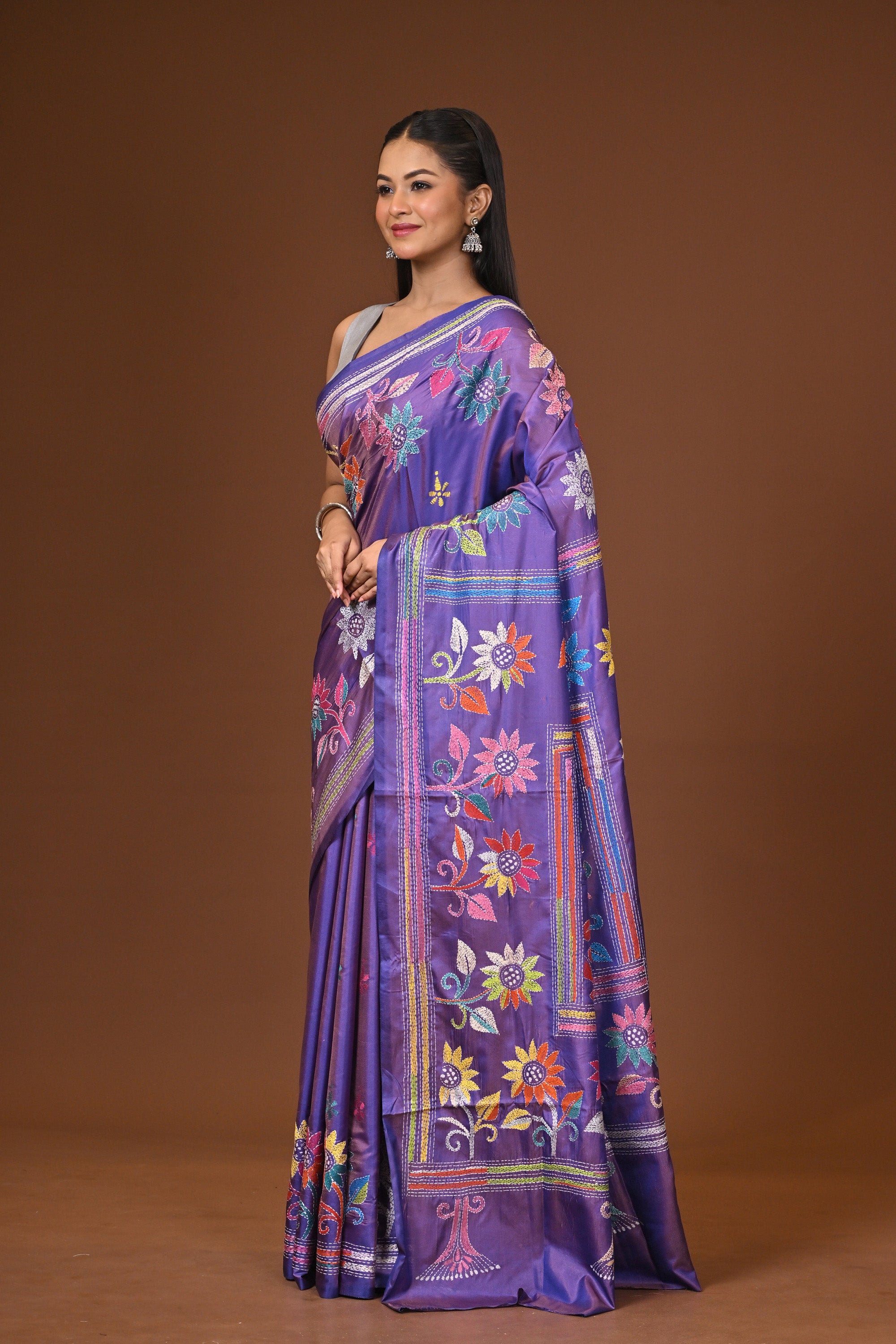 Blended Silk Kantha Stitch Saree Purple Thumbnail