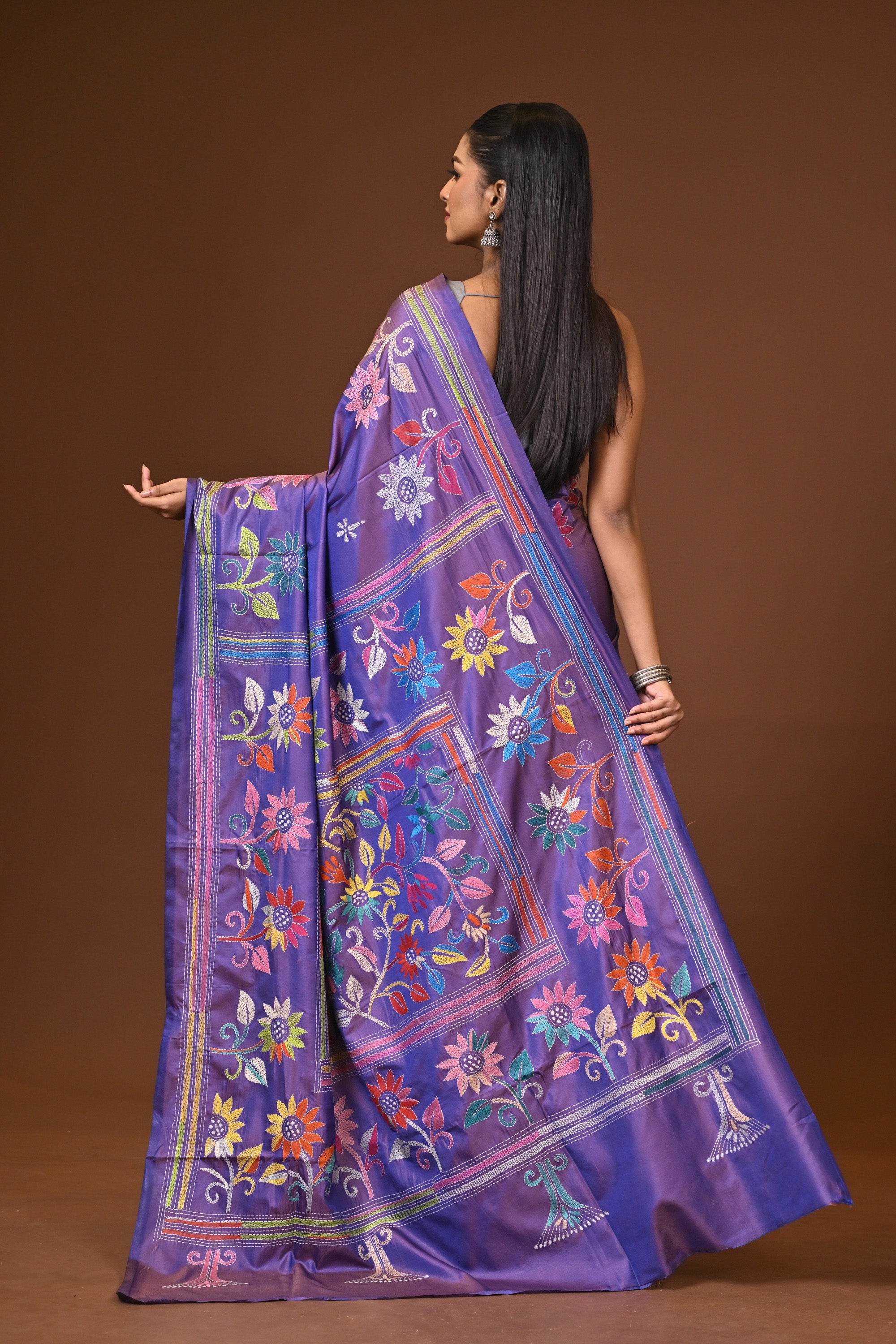 Blended Silk Kantha Stitch Saree Purple Thumbnail