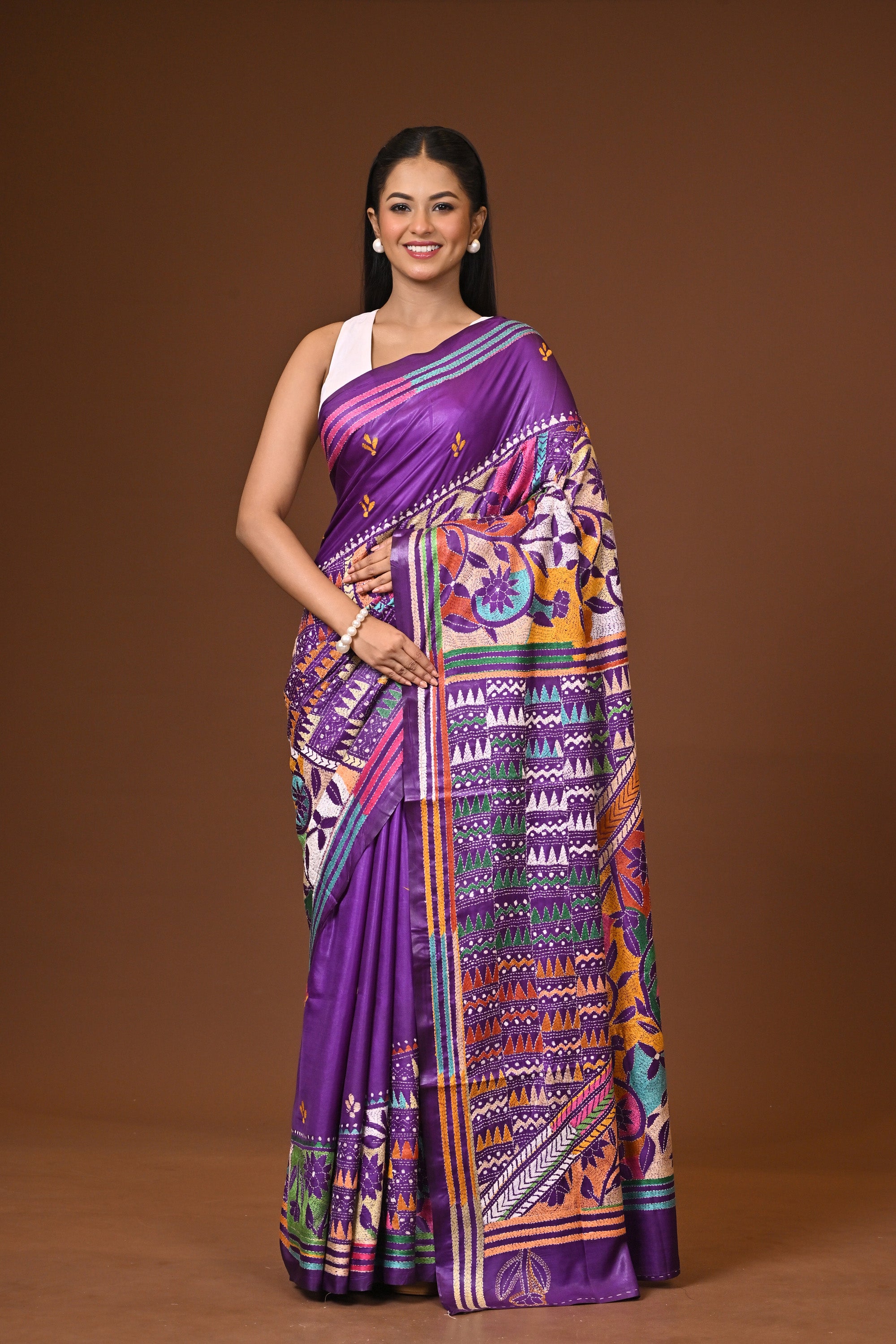Blended Silk Kantha Stitch Saree Purple Thumbnail