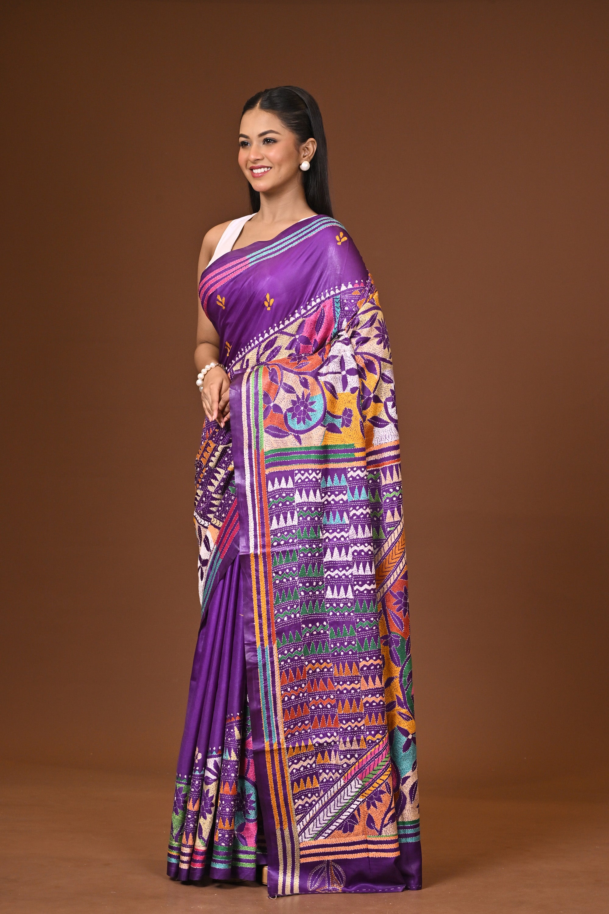 Blended Silk Kantha Stitch Saree Purple Thumbnail