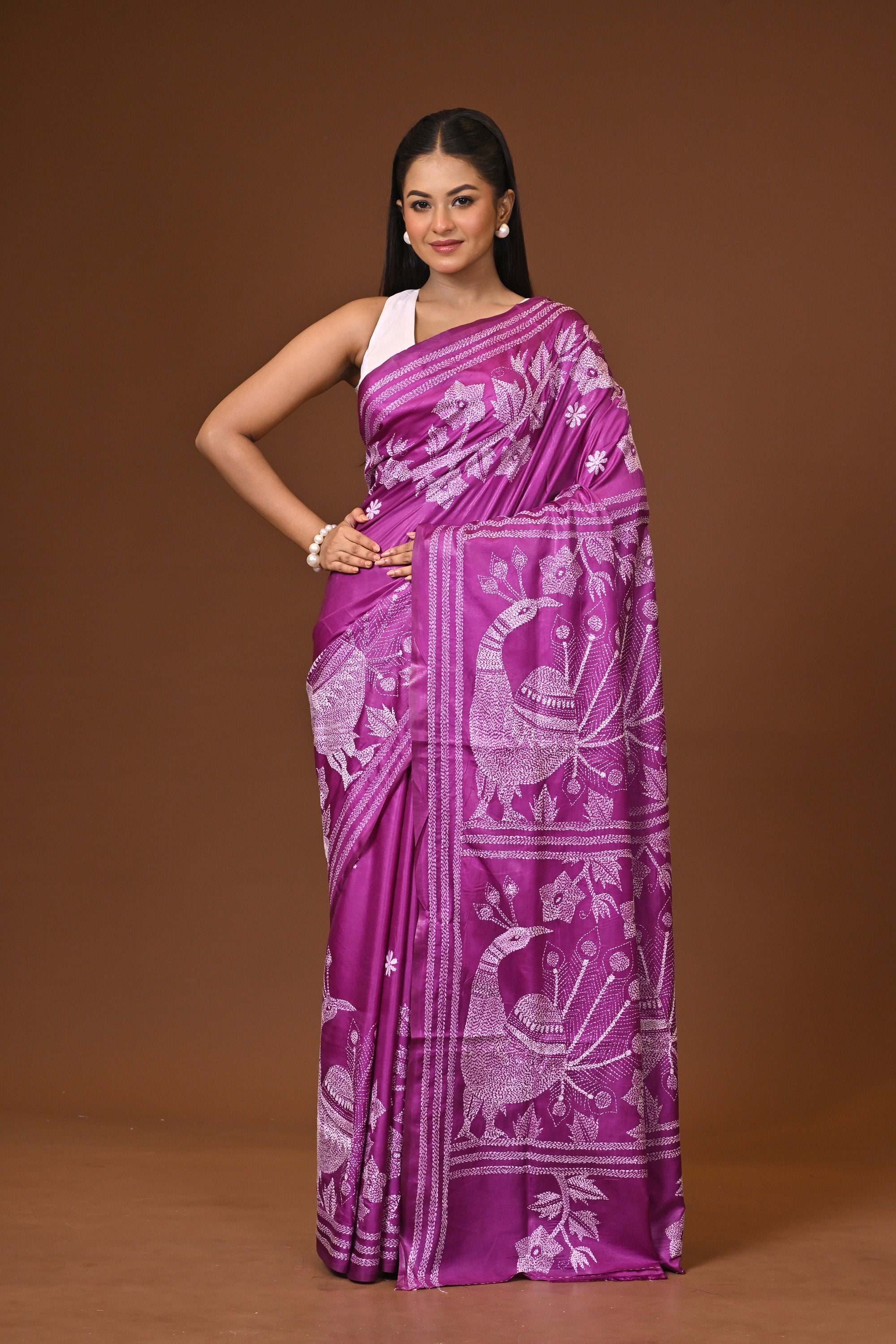 Blended Silk Kantha Stitch Saree Purple Thumbnail