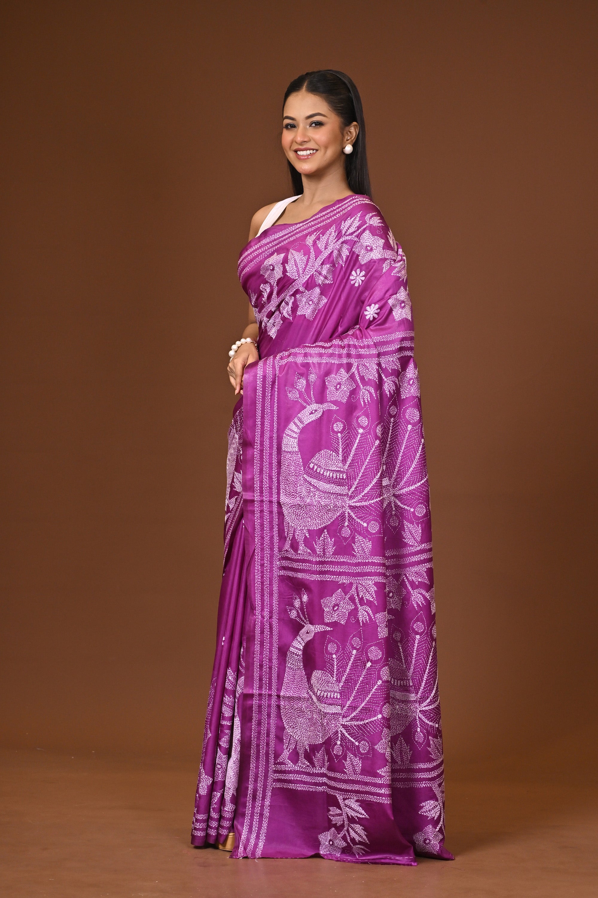 Blended Silk Kantha Stitch Saree Purple Thumbnail