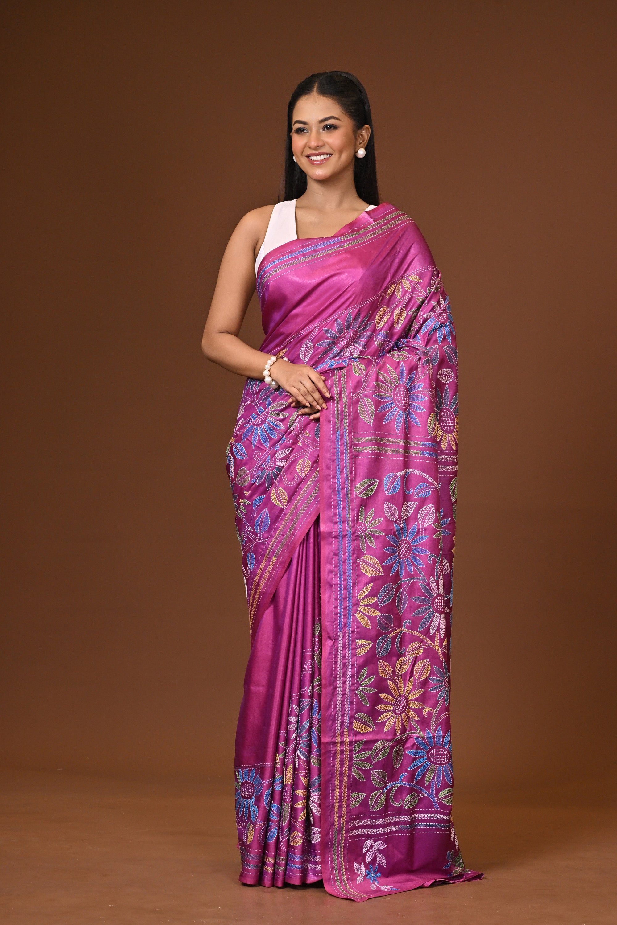 Blended Silk Kantha Stitch Saree Purple Thumbnail