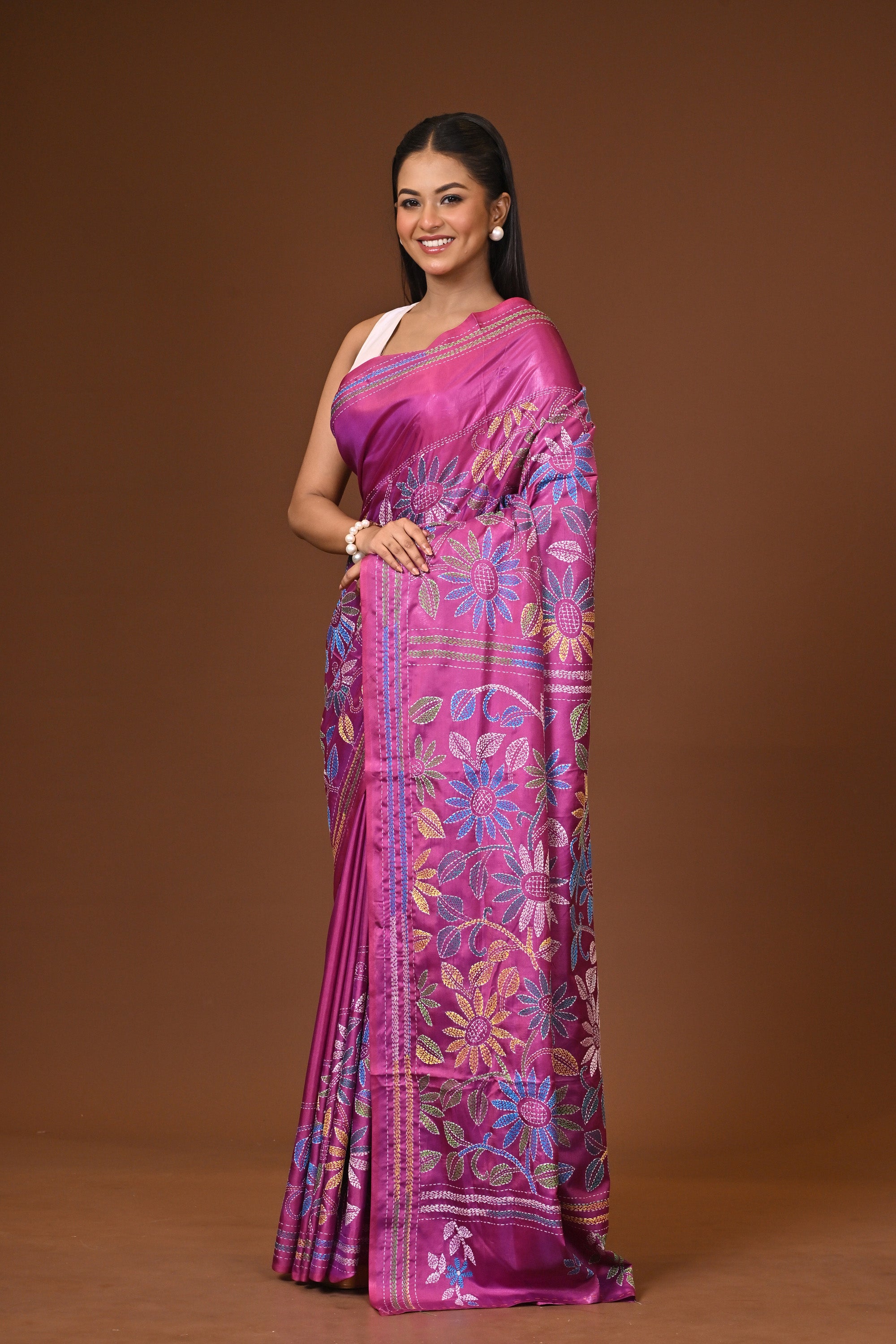 Blended Silk Kantha Stitch Saree Purple Thumbnail