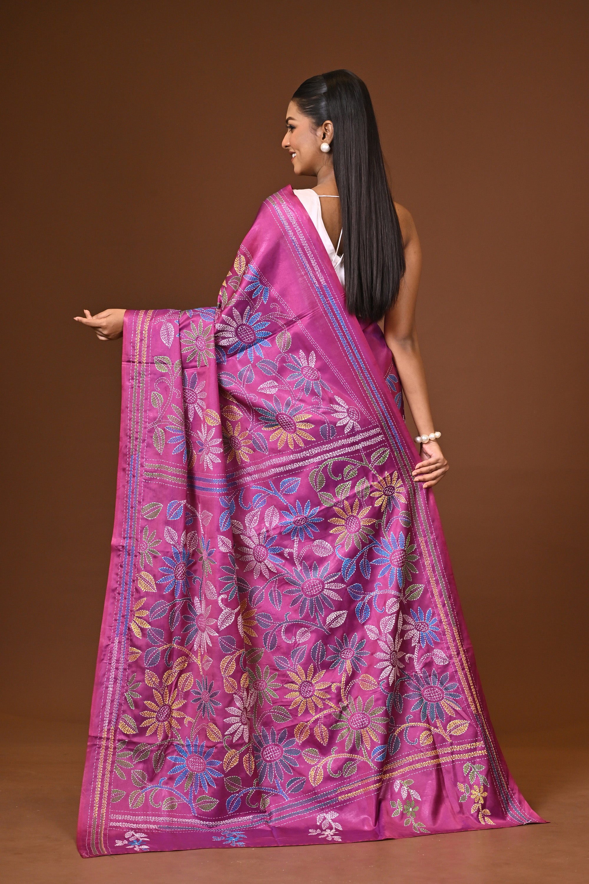 Blended Silk Kantha Stitch Saree Purple Thumbnail