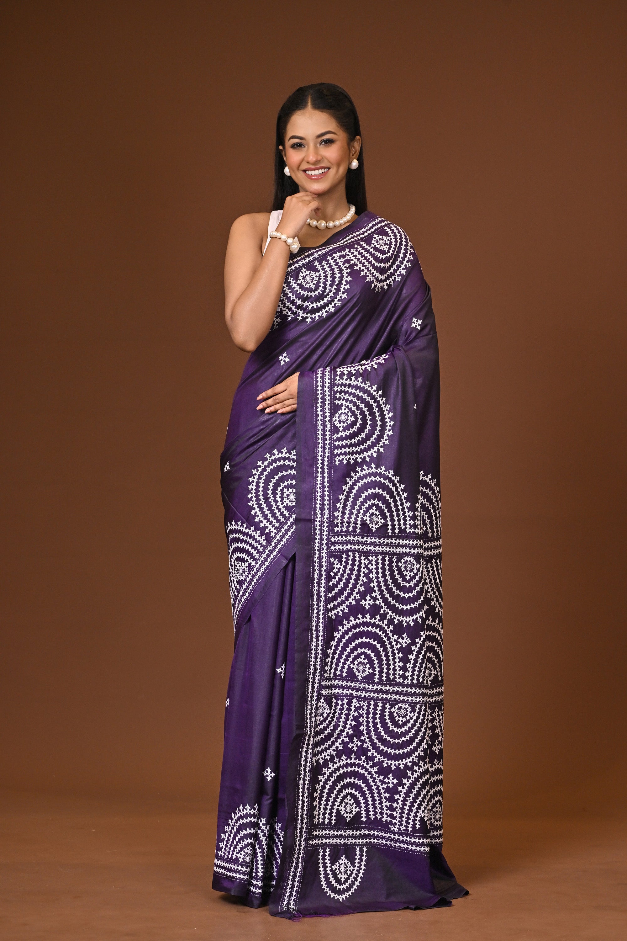 Blended Silk Kantha Stitch Saree Purple Thumbnail