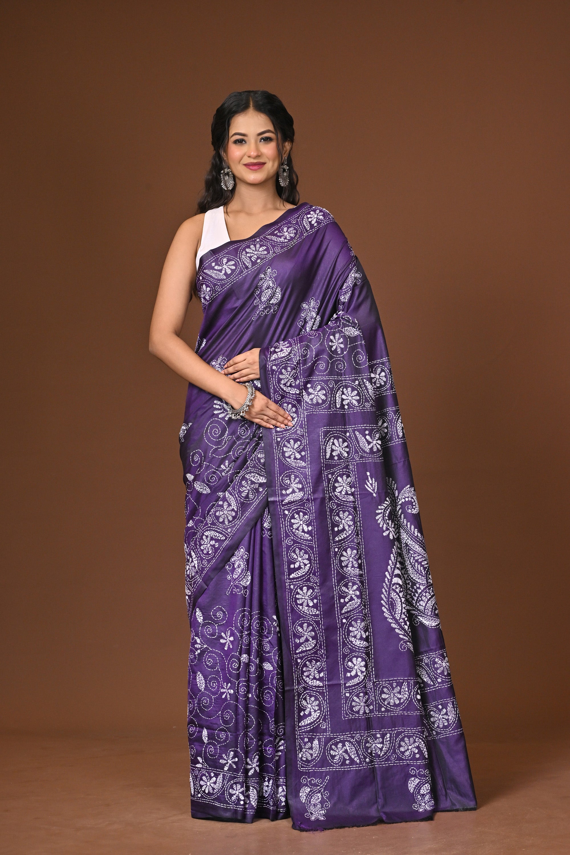 Blended Silk Kantha Stitch Saree Purple