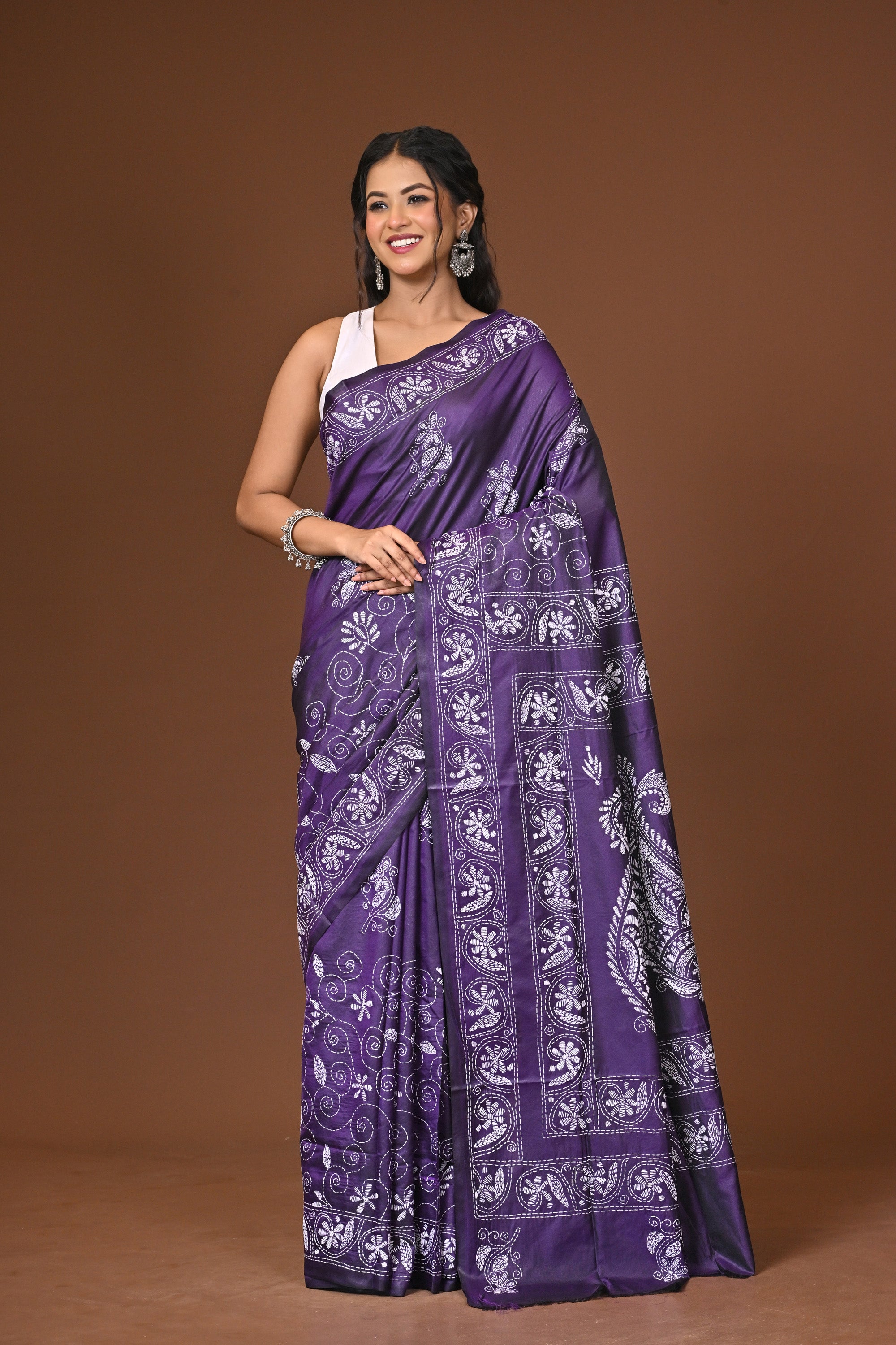 Blended Silk Kantha Stitch Saree Purple Thumbnail