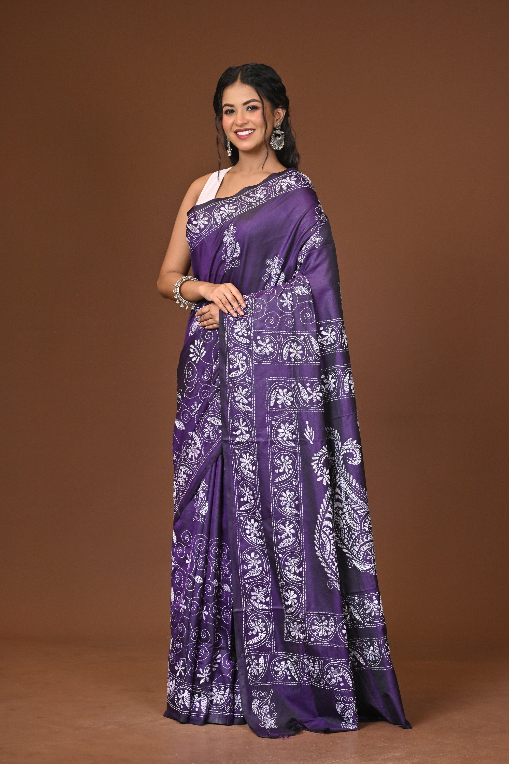 Blended Silk Kantha Stitch Saree Purple Thumbnail