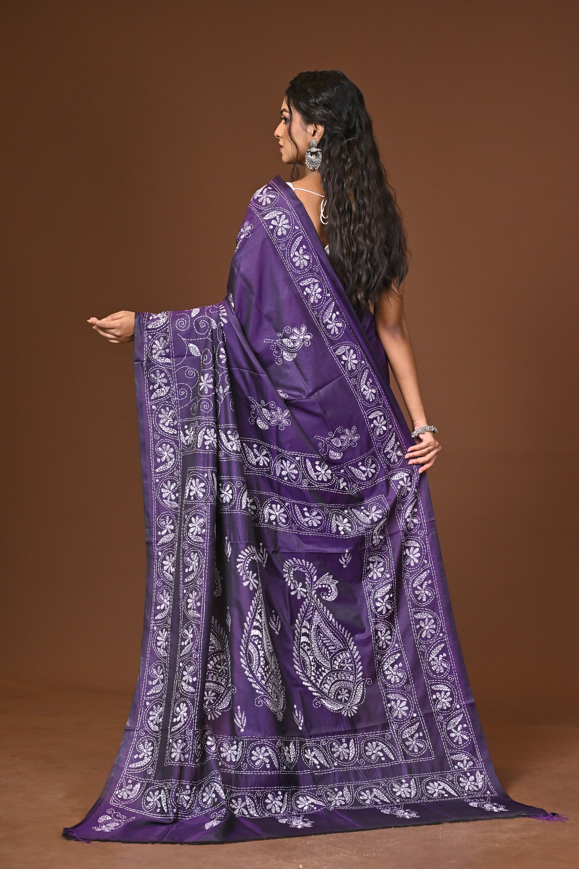 Blended Silk Kantha Stitch Saree Purple Thumbnail