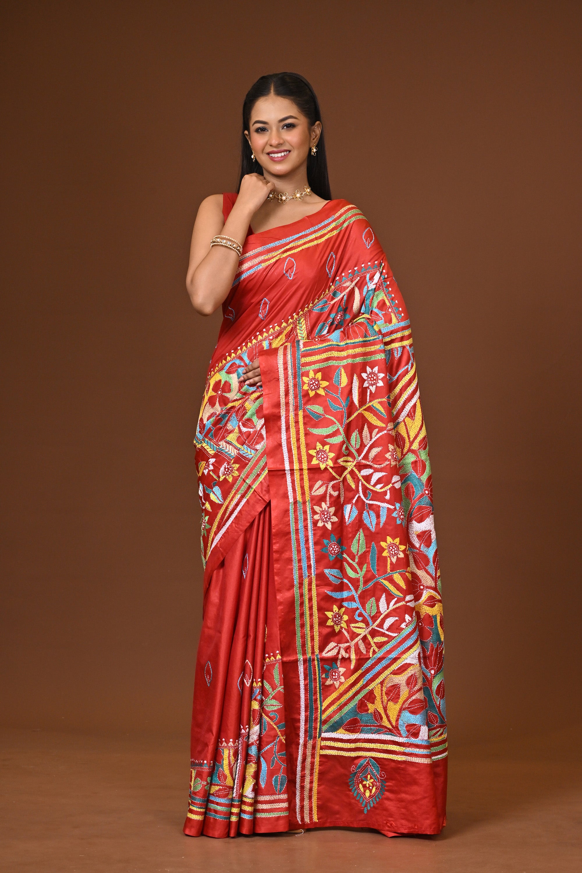 Blended Silk Kantha Stitch Saree Red Thumbnail