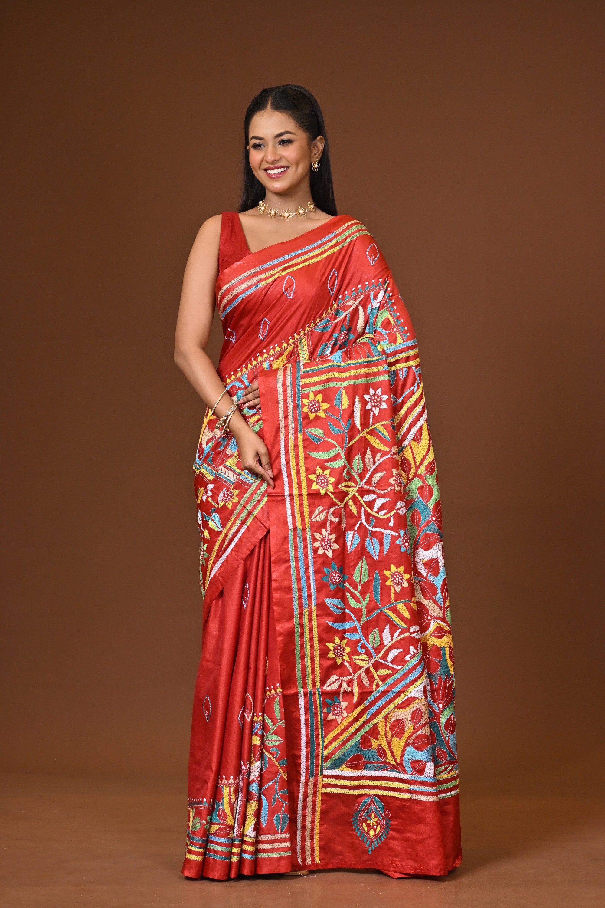 Blended Silk Kantha Stitch Saree Red Thumbnail