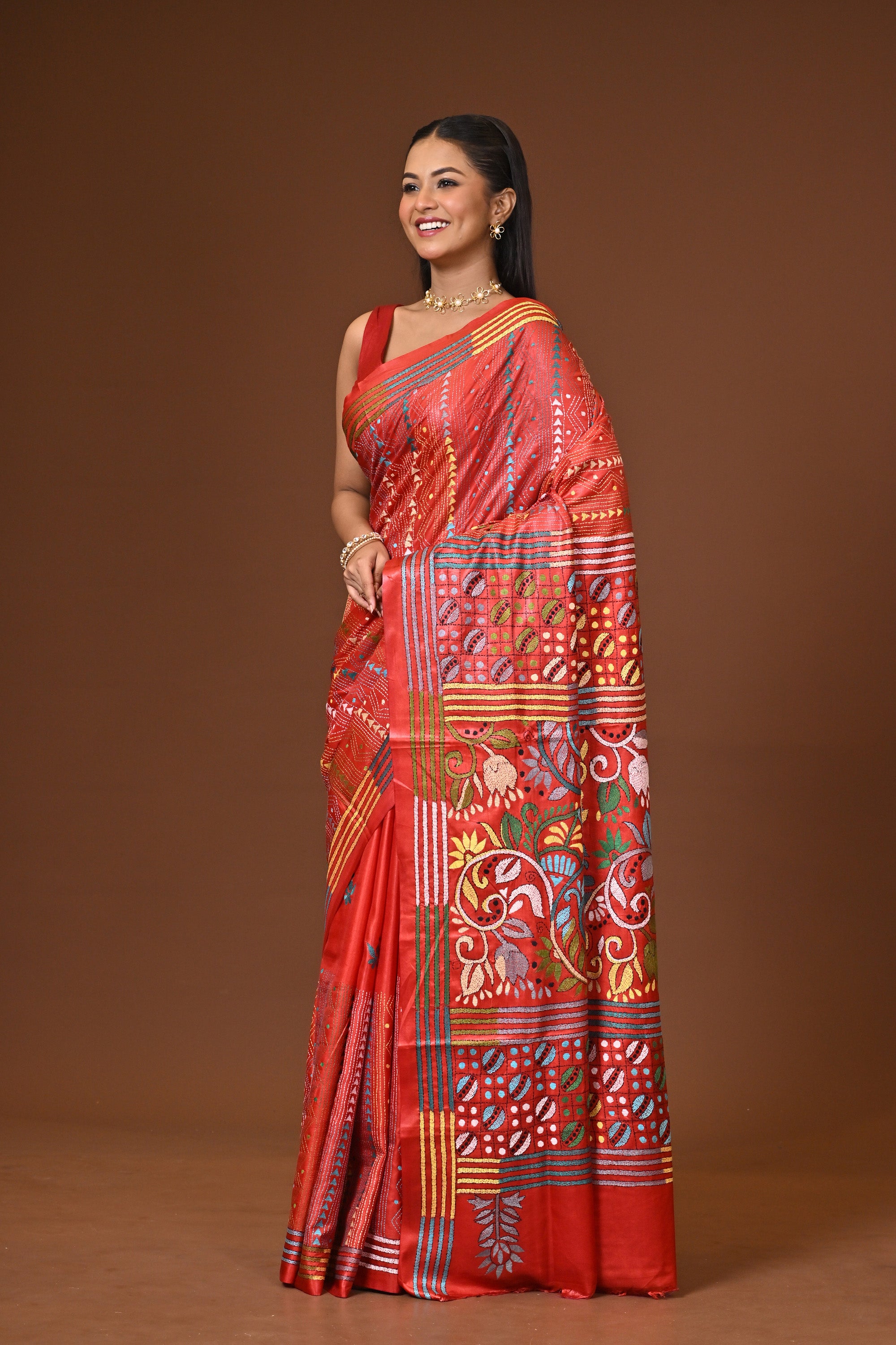 Blended Silk Kantha Stitch Saree Red Thumbnail
