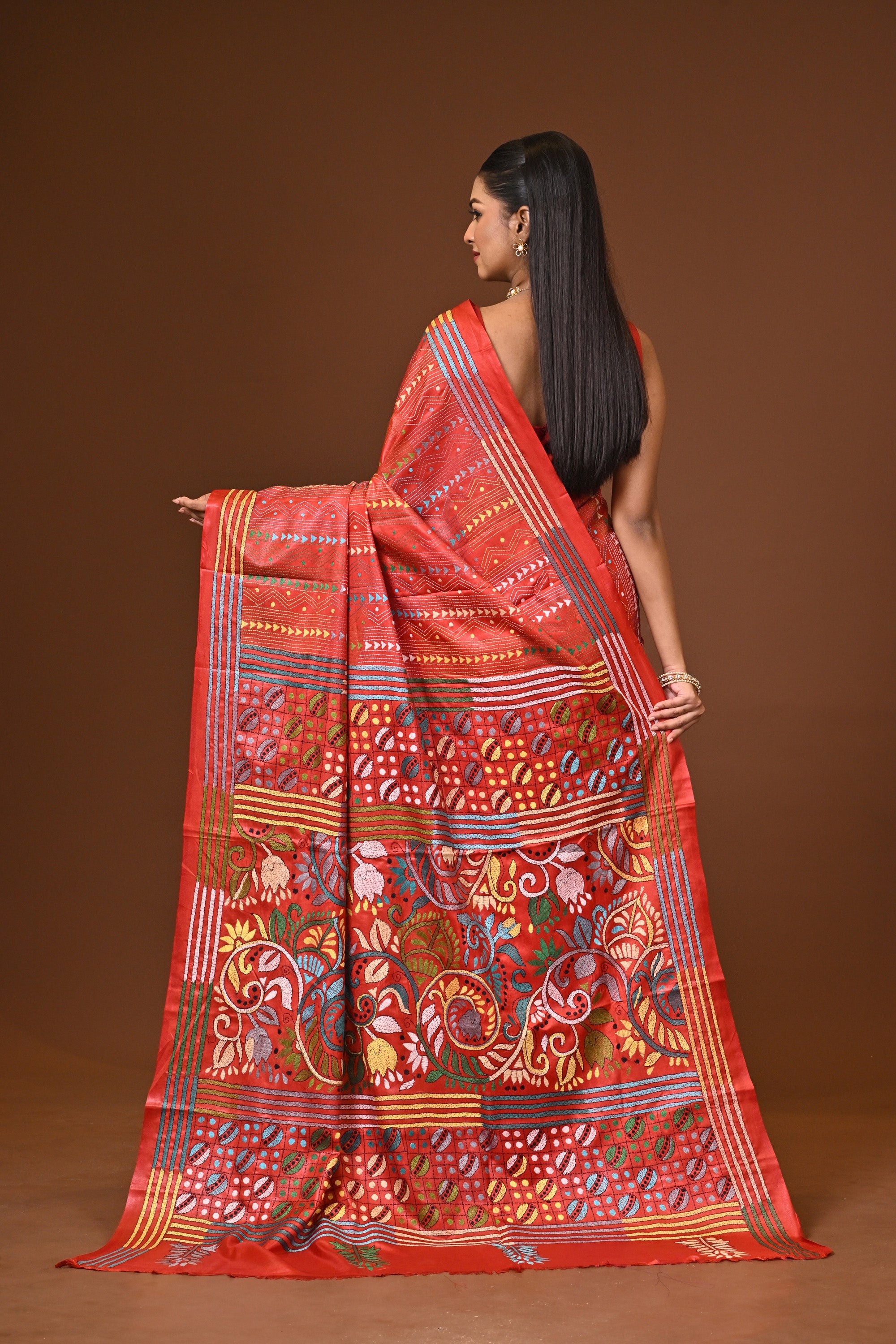 Blended Silk Kantha Stitch Saree Red Thumbnail