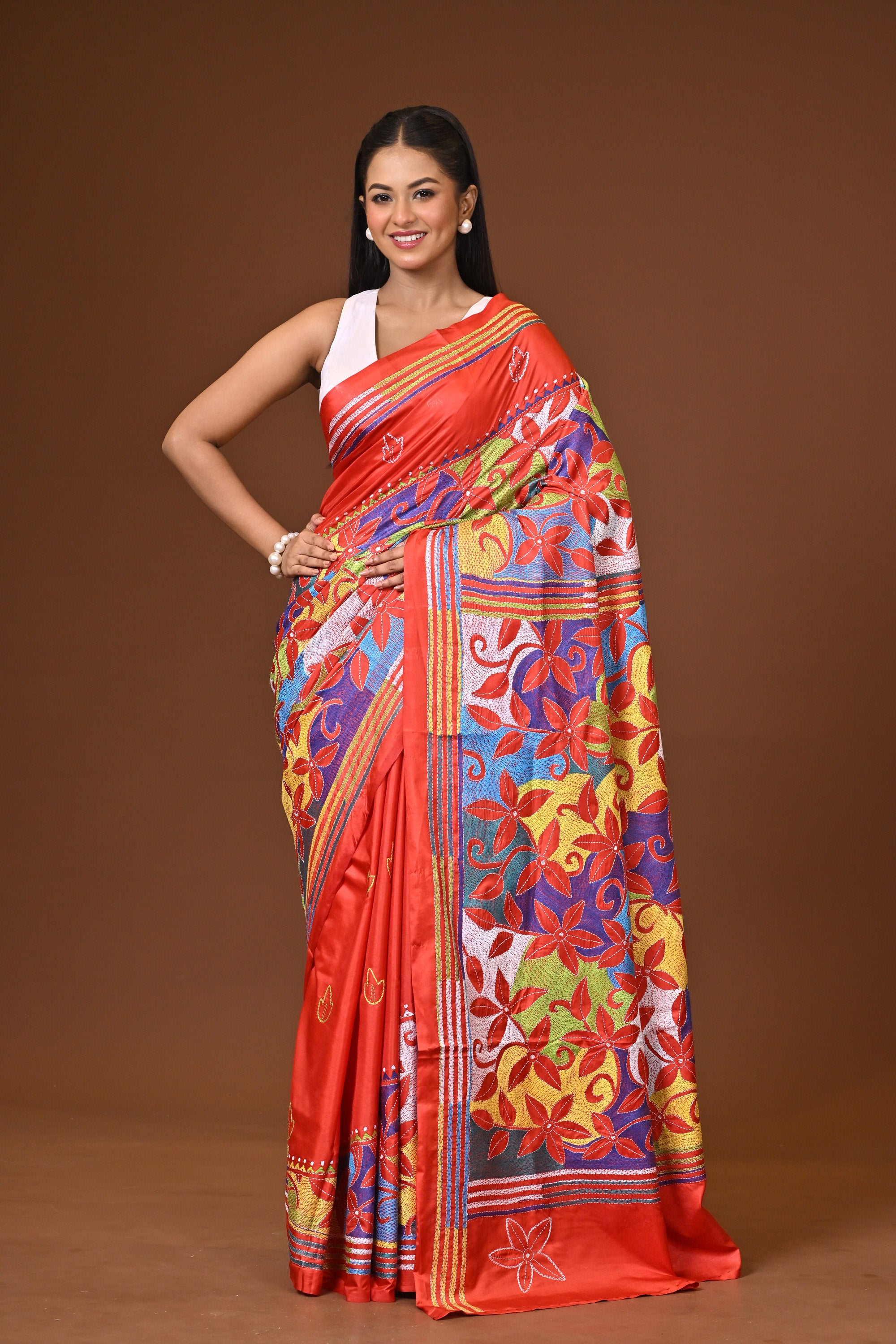 Blended Silk Kantha Stitch Saree Red Thumbnail