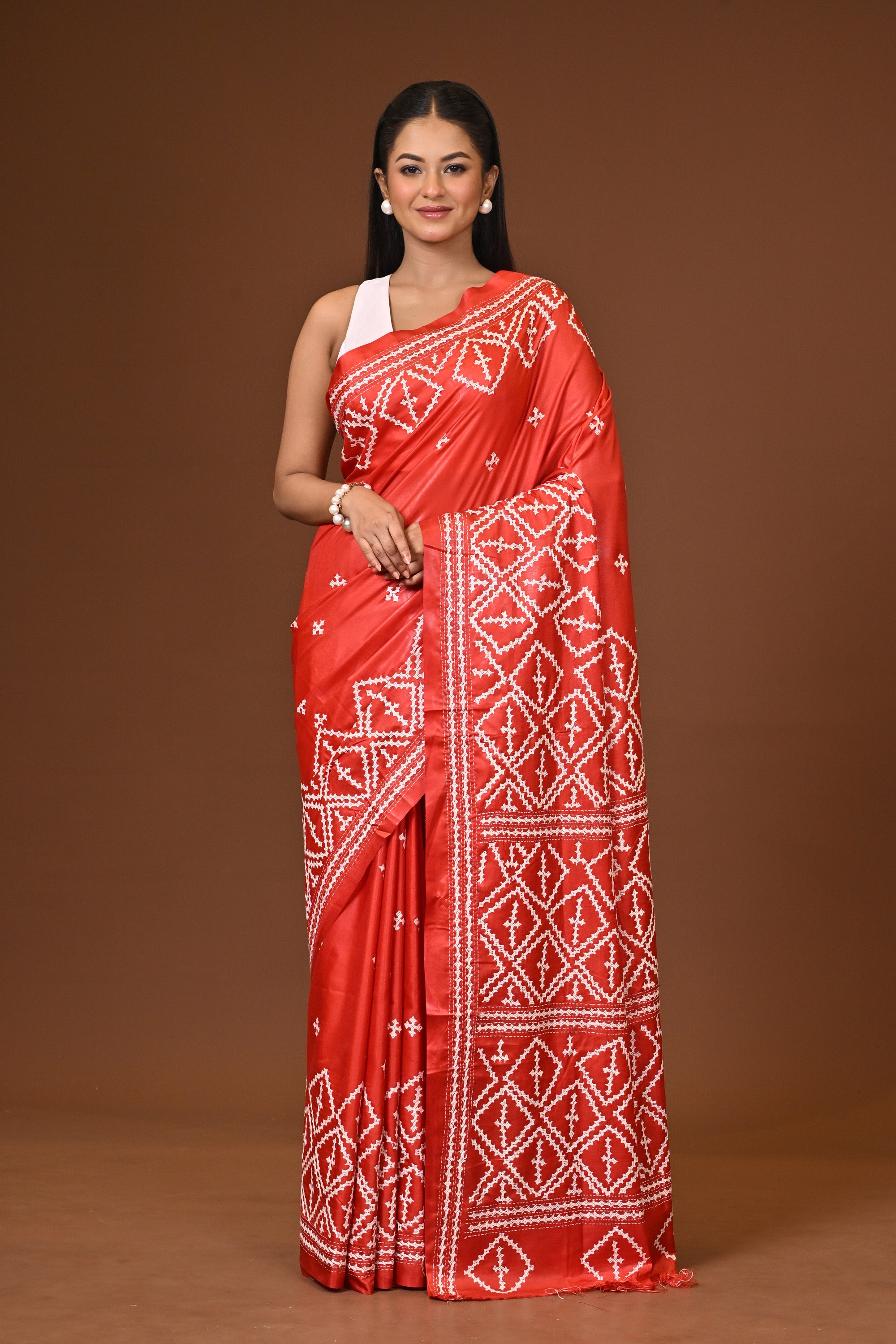 Blended Silk Kantha Stitch Saree Red