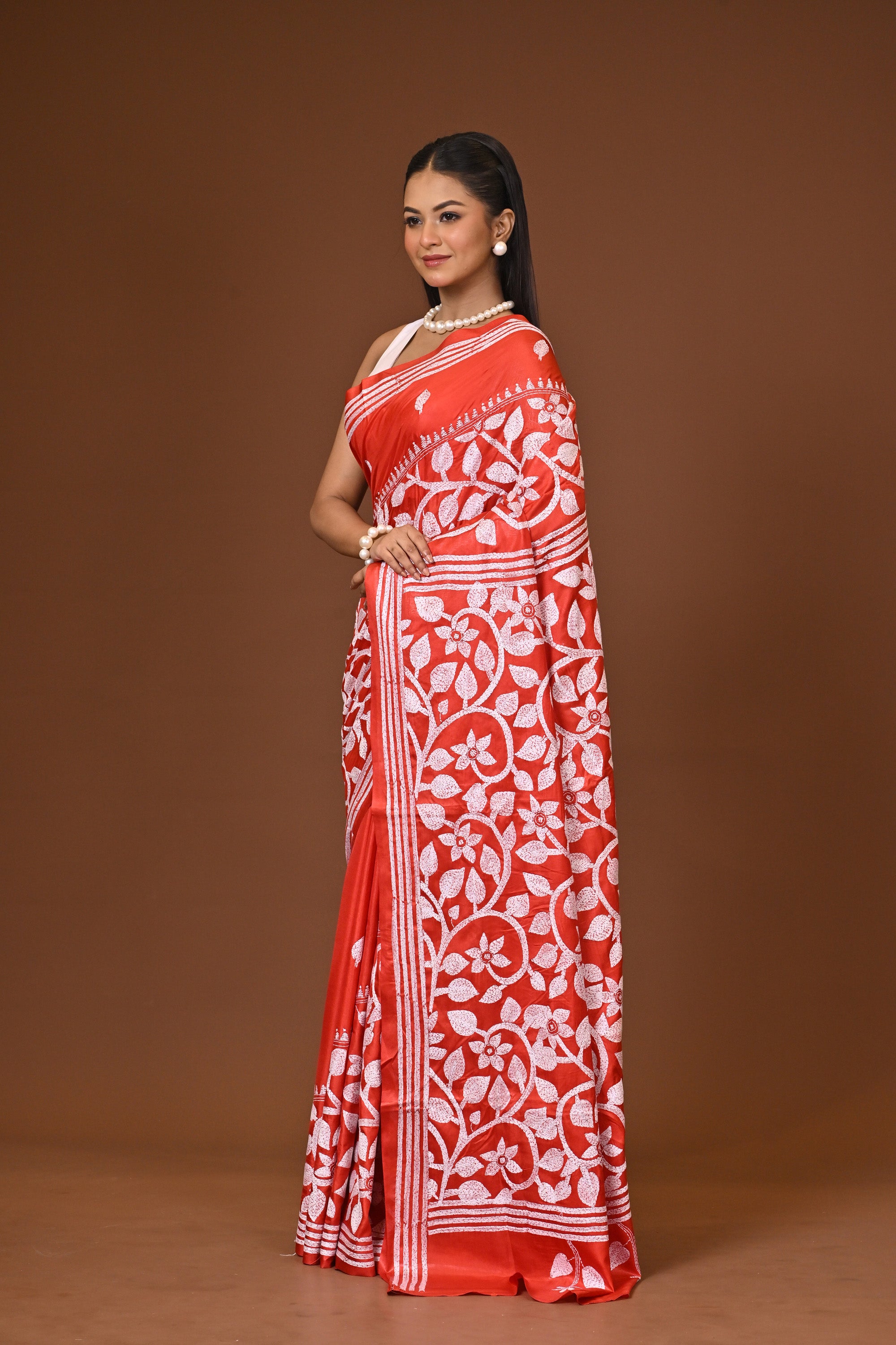 Blended Silk Kantha Stitch Saree Red Thumbnail