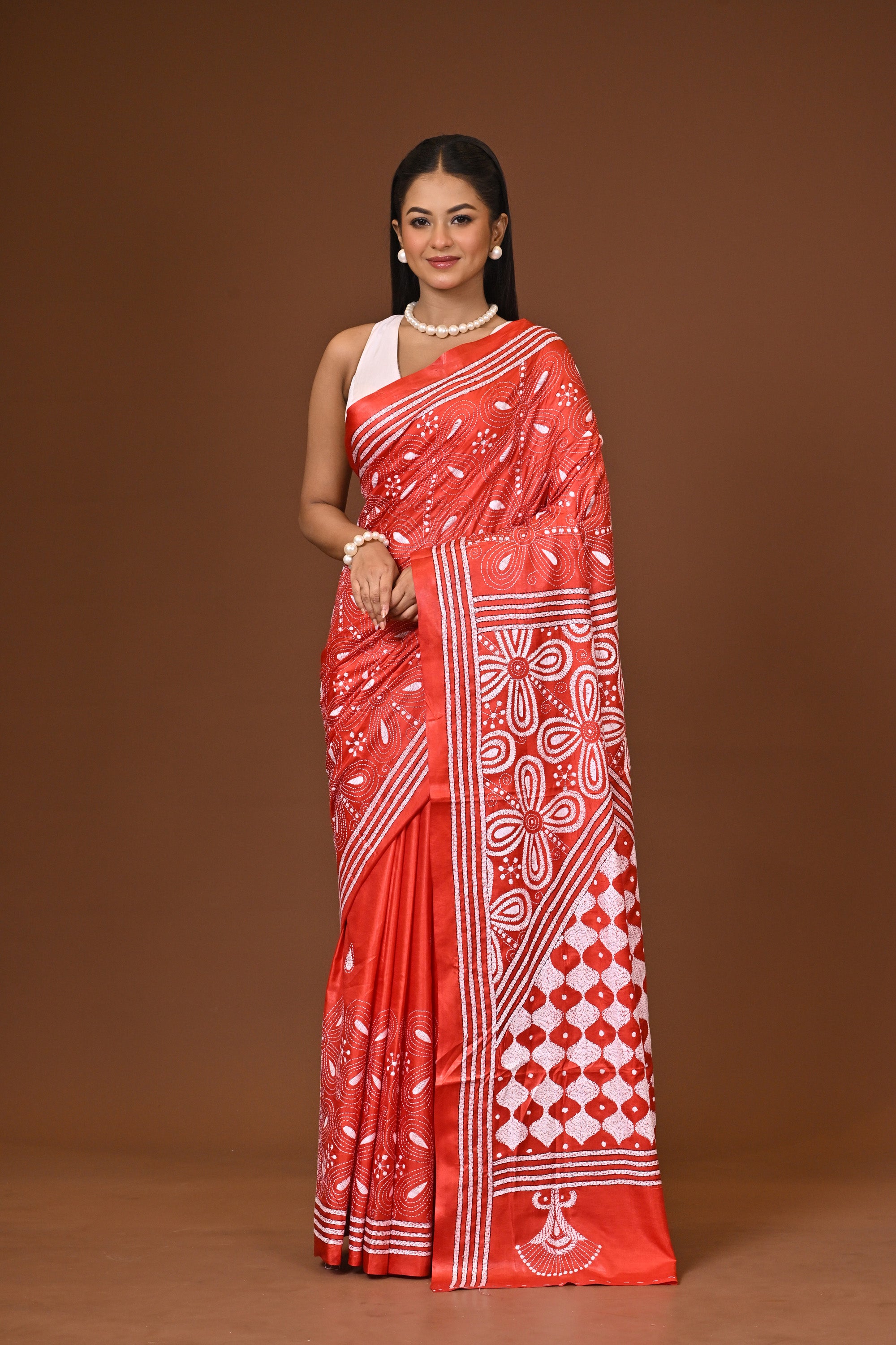 Blended Silk Kantha Stitch Saree Red
