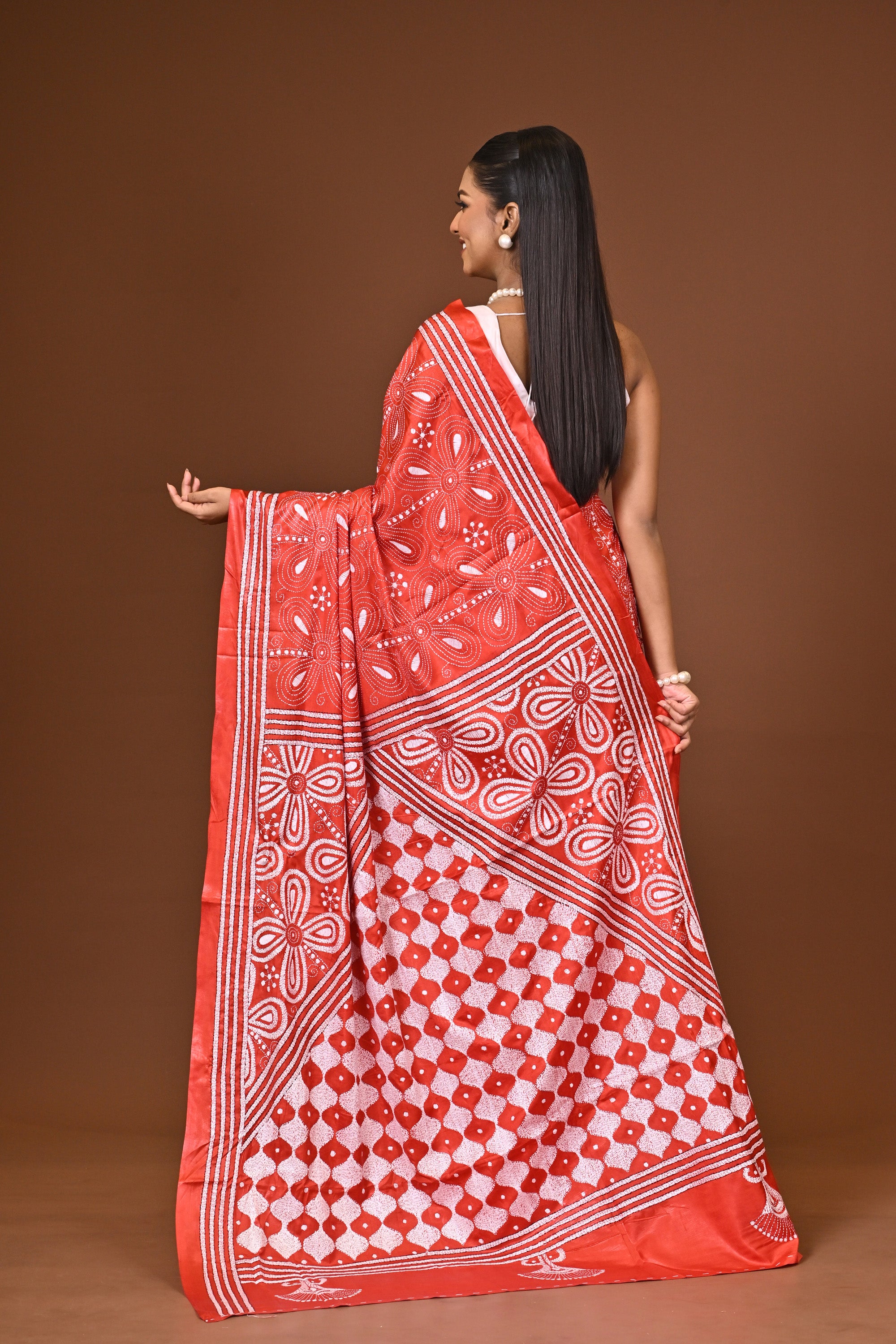Blended Silk Kantha Stitch Saree Red Thumbnail