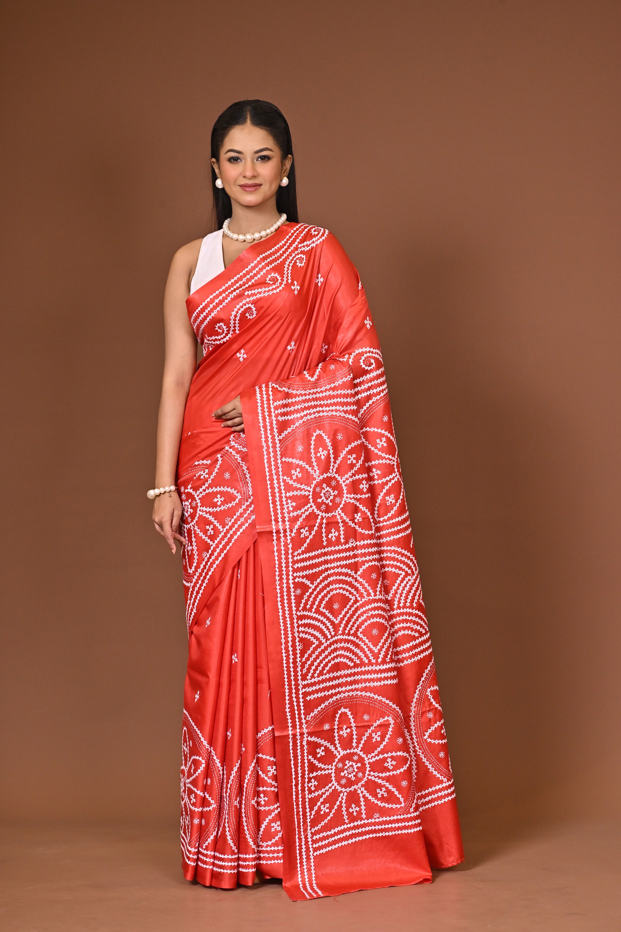 Blended Silk Kantha Stitch Saree Red