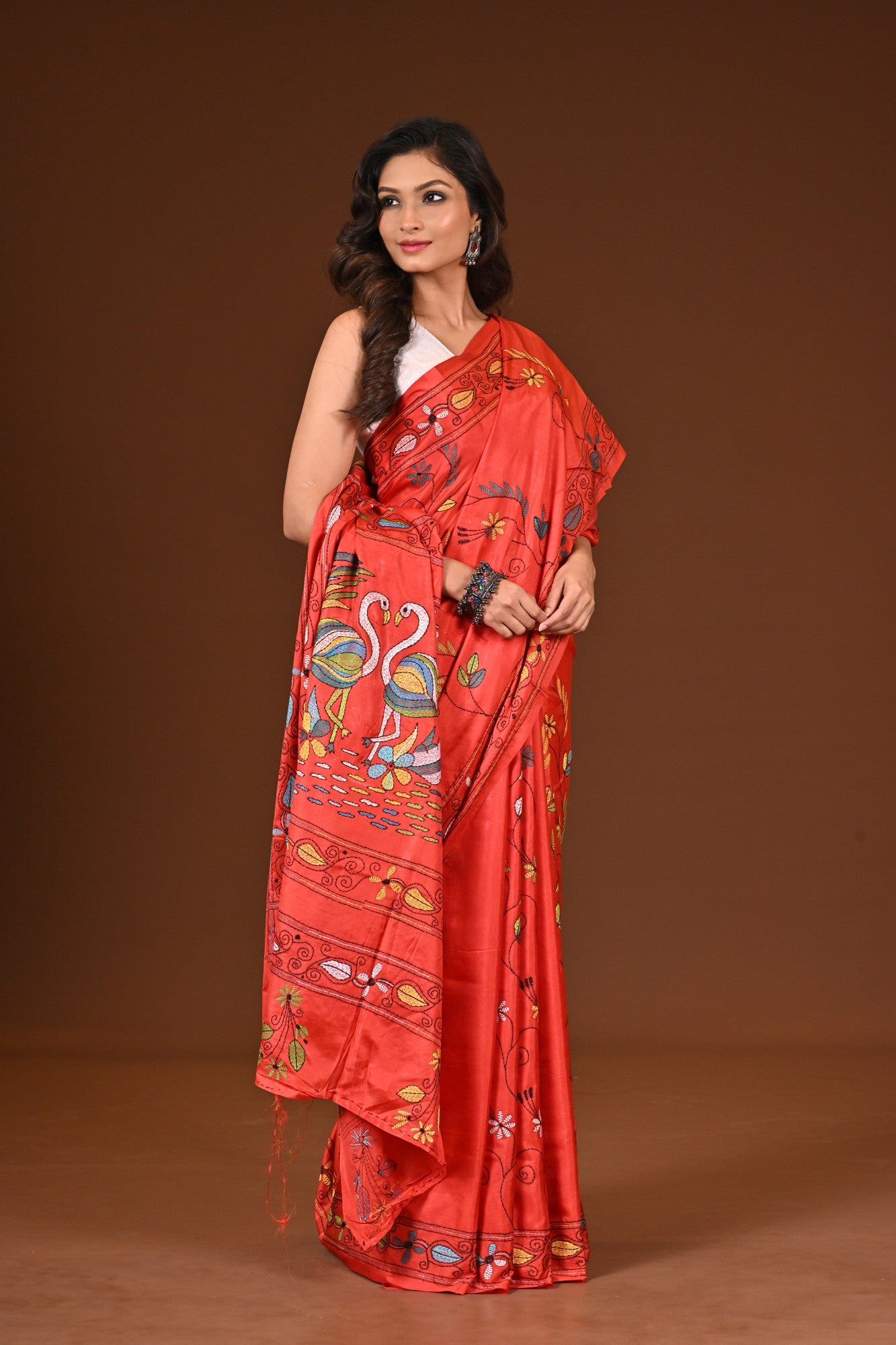 Blended Silk Kantha Stitch Saree Red Thumbnail