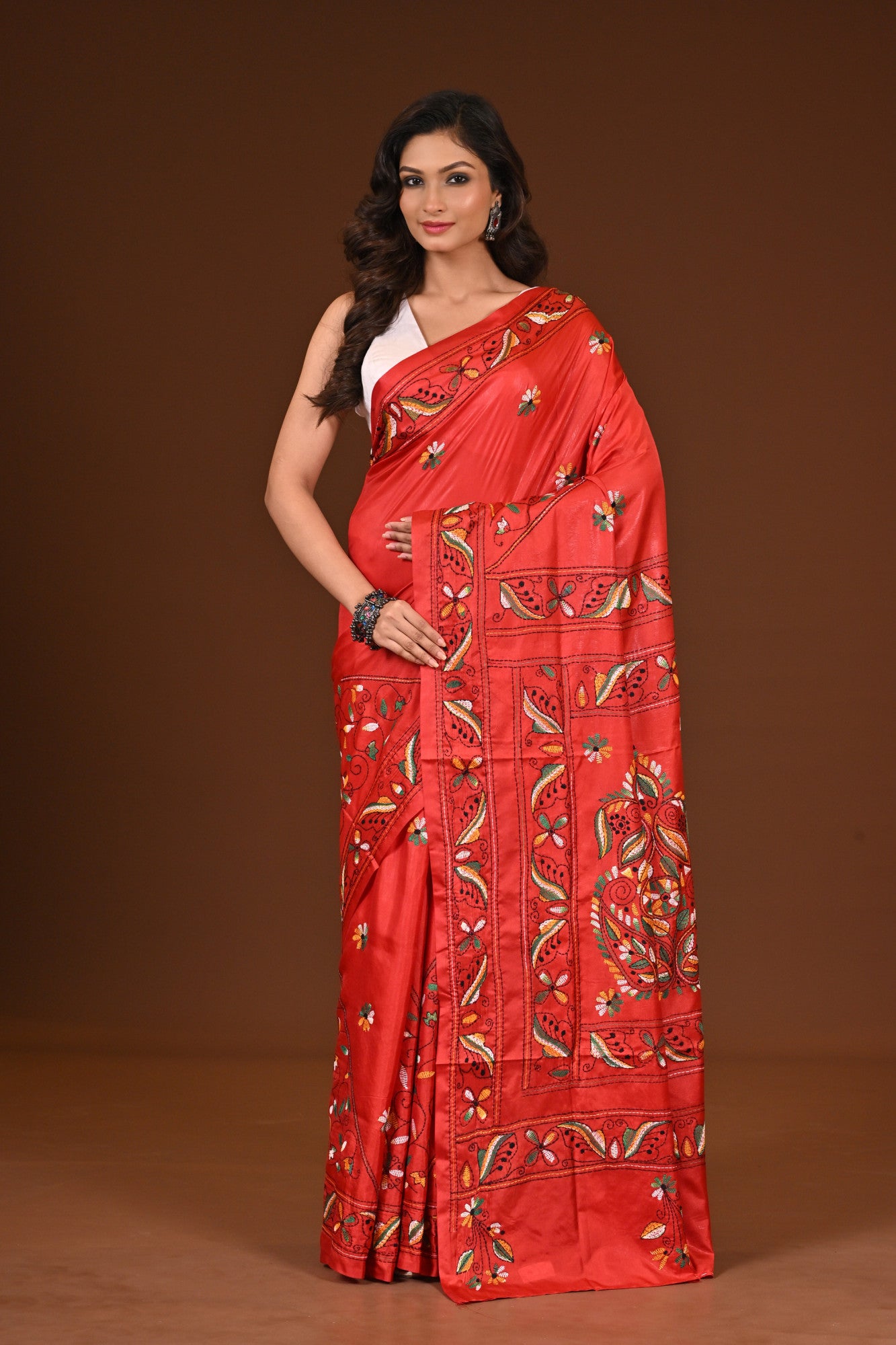 Blended Silk Kantha Stitch Saree Red