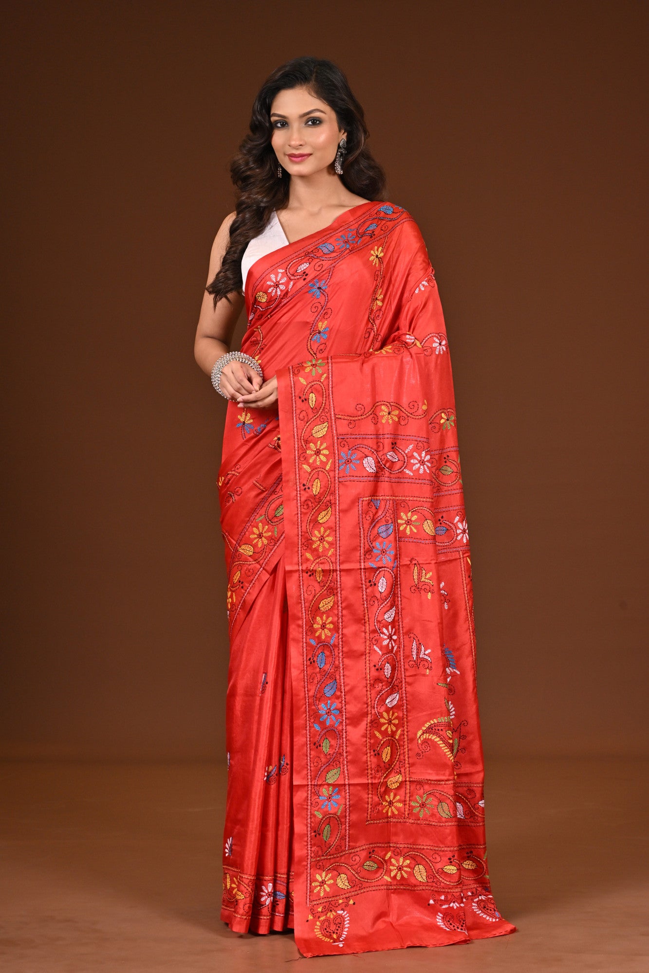 Blended Silk Kantha Stitch Saree Red