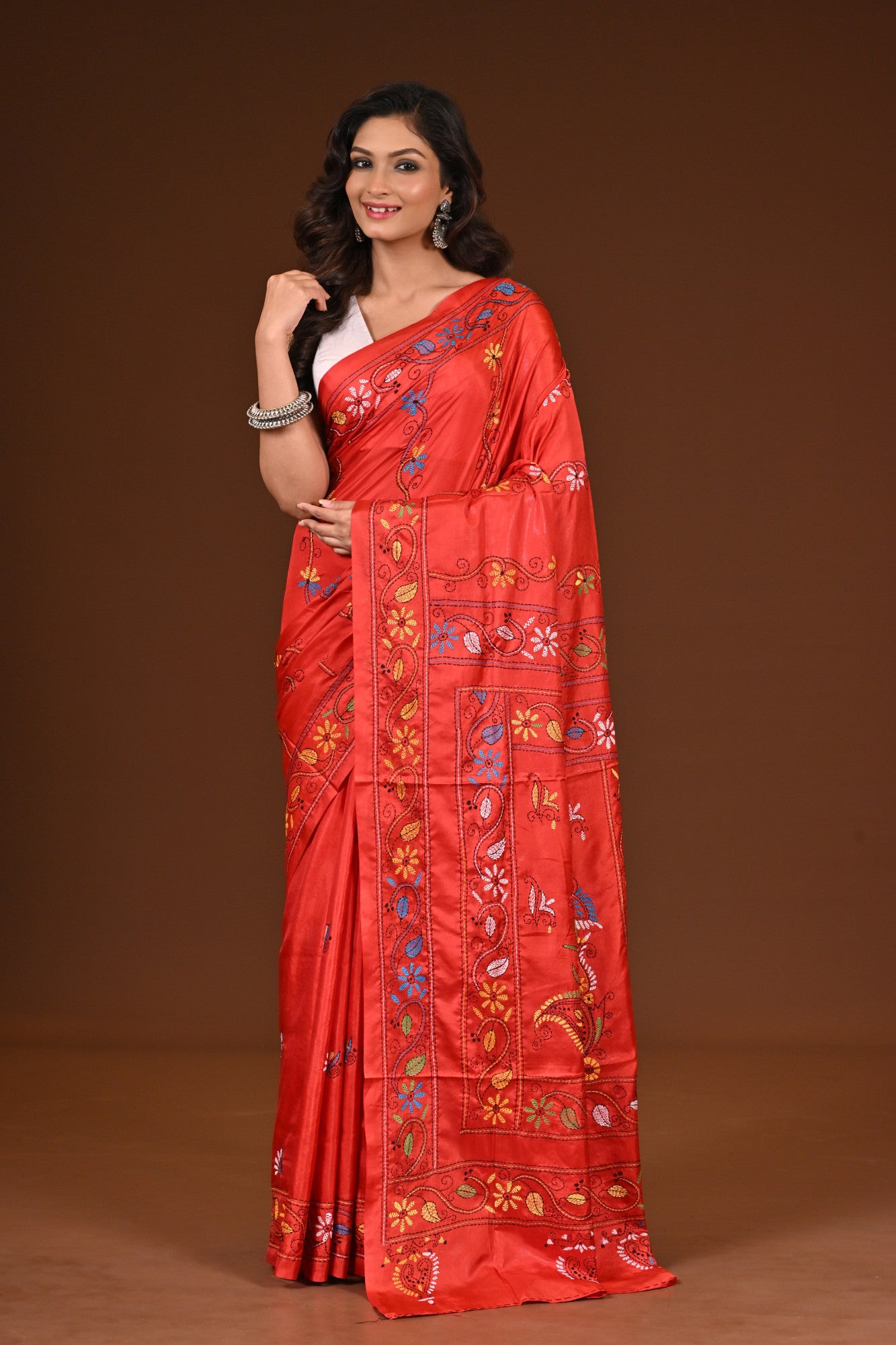 Blended Silk Kantha Stitch Saree Red Thumbnail