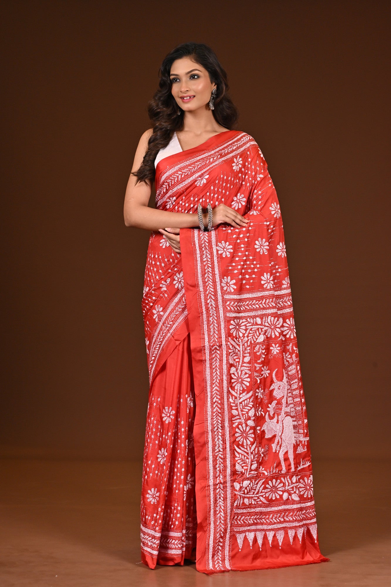 Blended Silk Kantha Stitch Saree Red Thumbnail