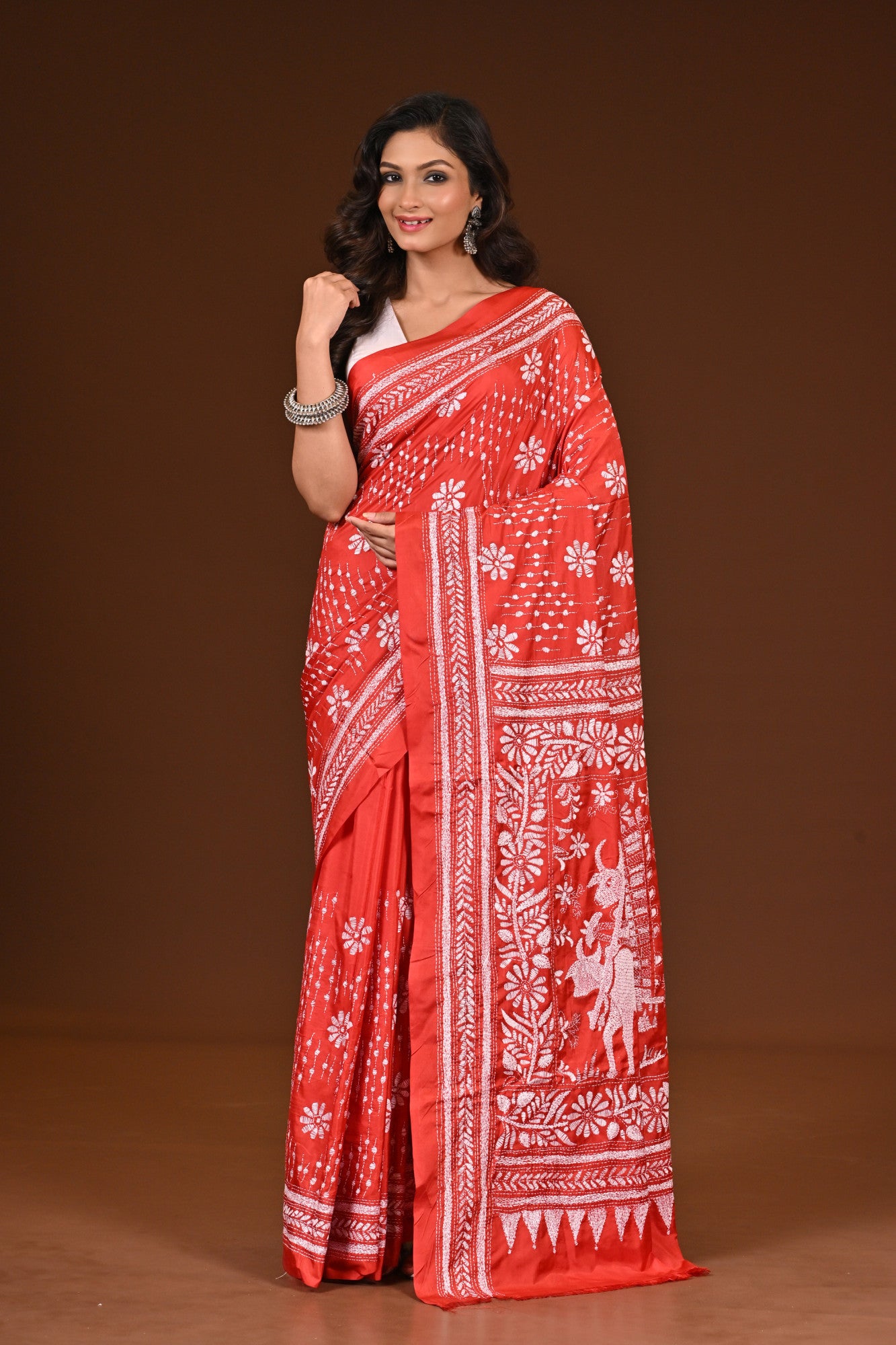 Blended Silk Kantha Stitch Saree Red Thumbnail