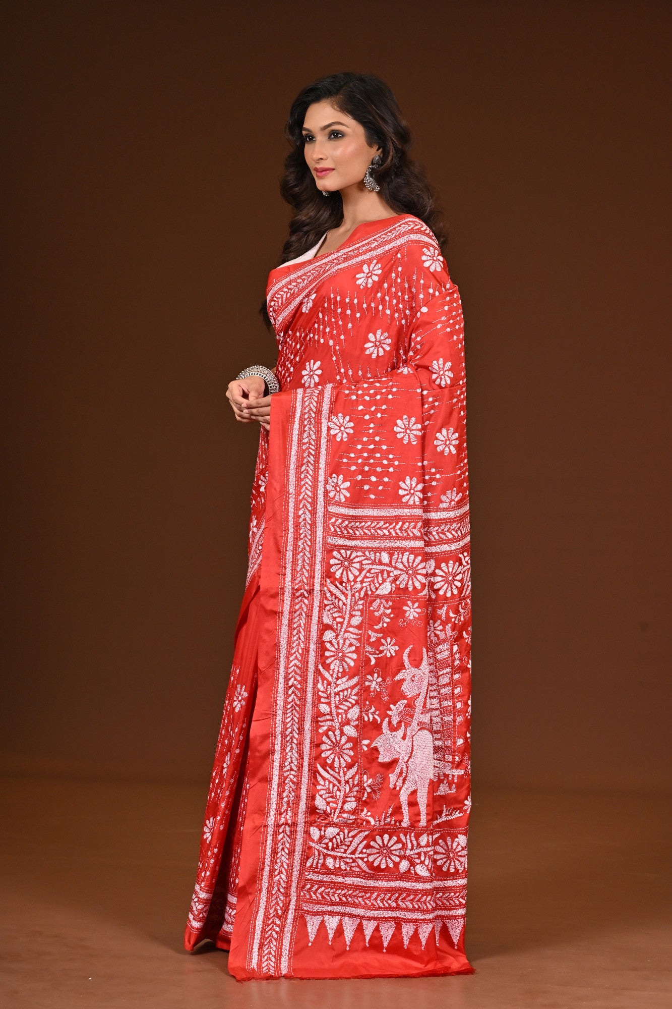 Blended Silk Kantha Stitch Saree Red Thumbnail