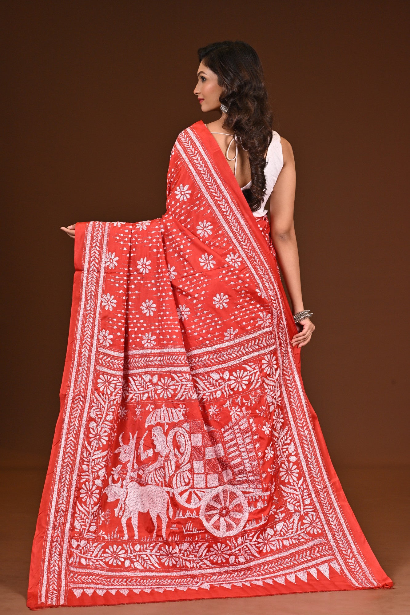 Blended Silk Kantha Stitch Saree Red Thumbnail