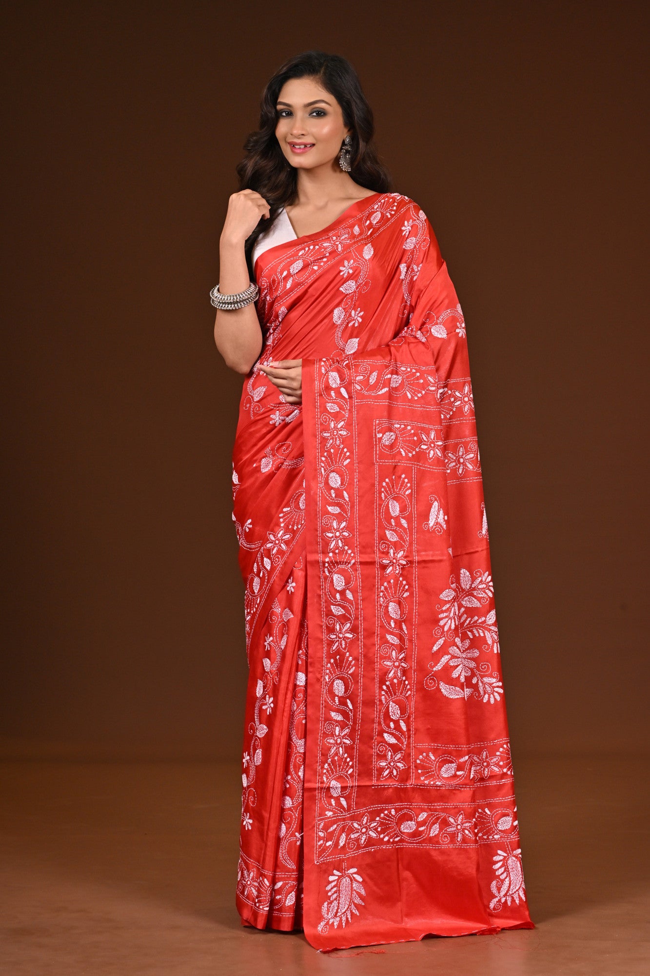 Blended Silk Kantha Stitch Saree Red Thumbnail