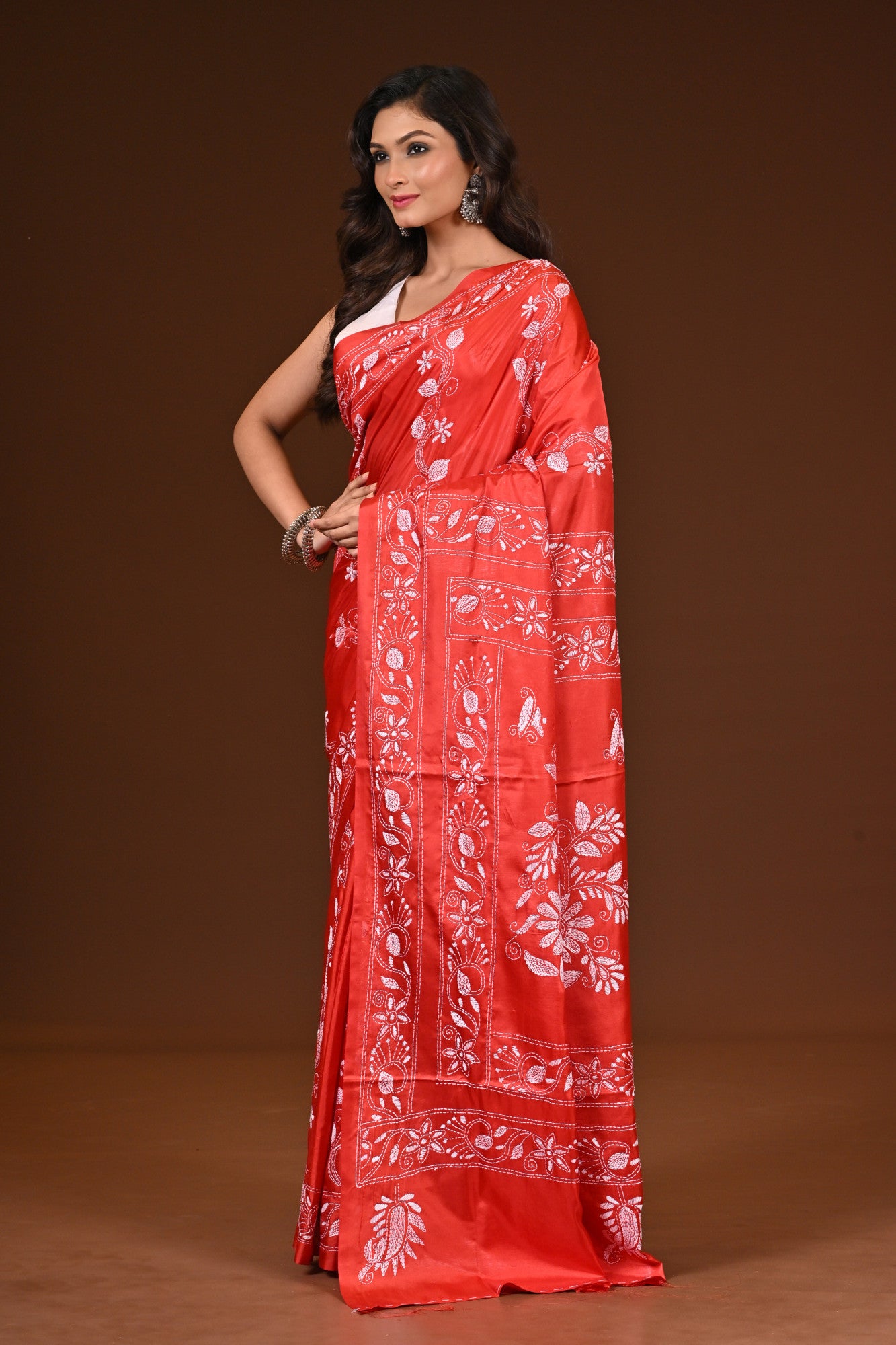 Blended Silk Kantha Stitch Saree Red Thumbnail