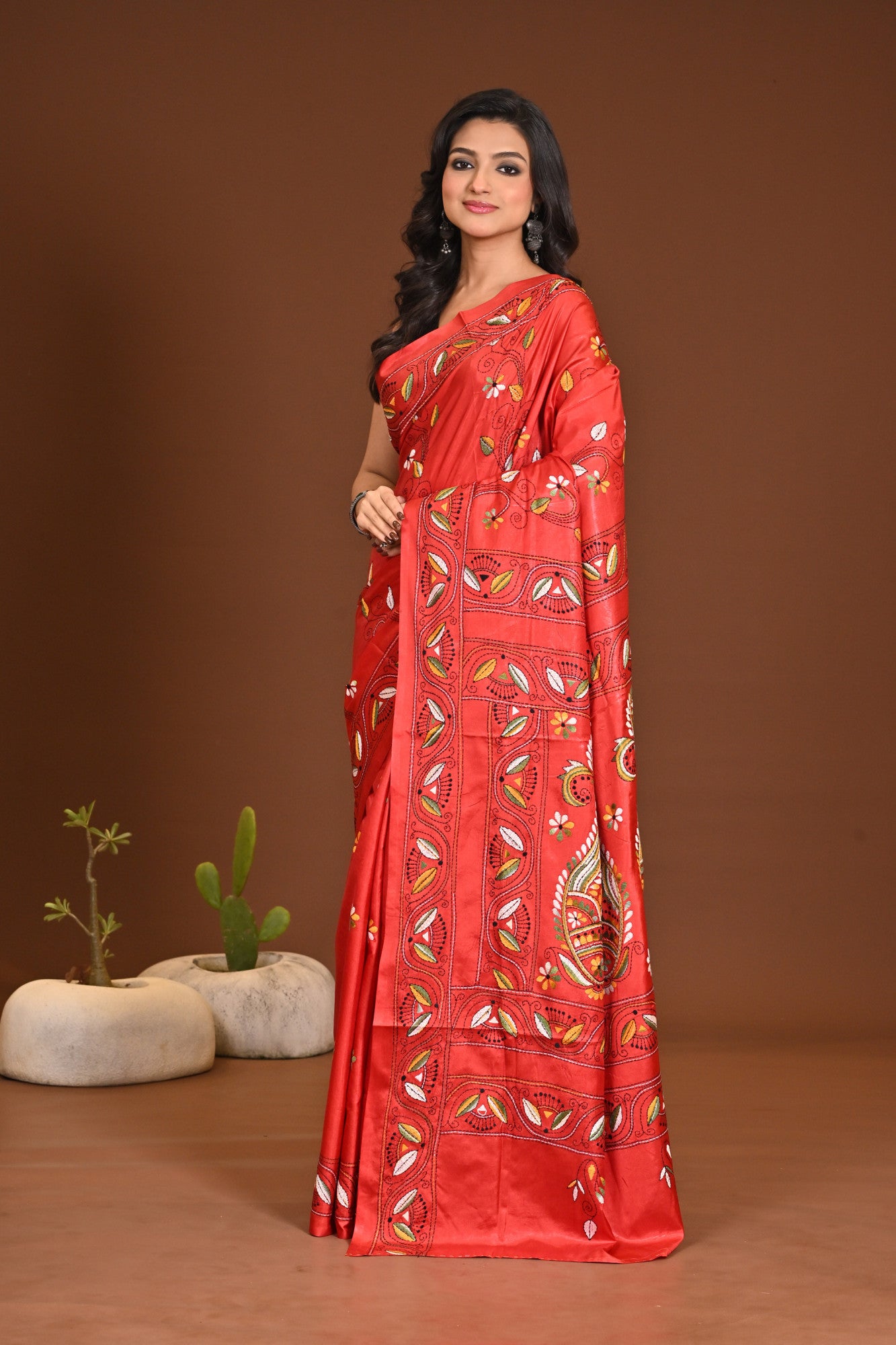 Blended Silk Kantha Stitch Saree Red Thumbnail