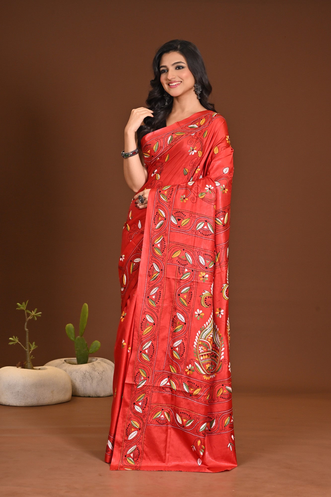 Blended Silk Kantha Stitch Saree Red Thumbnail