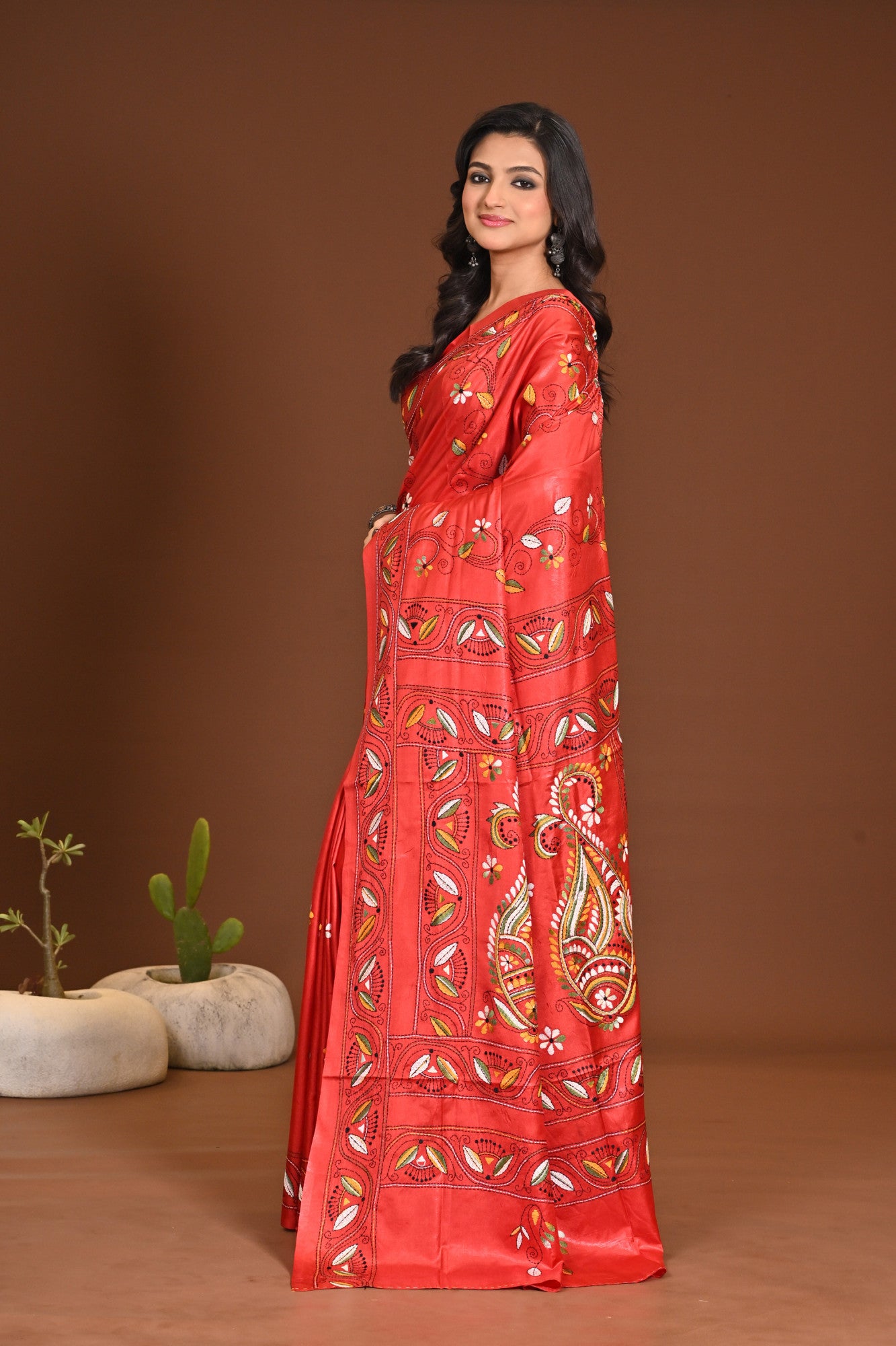 Blended Silk Kantha Stitch Saree Red Thumbnail