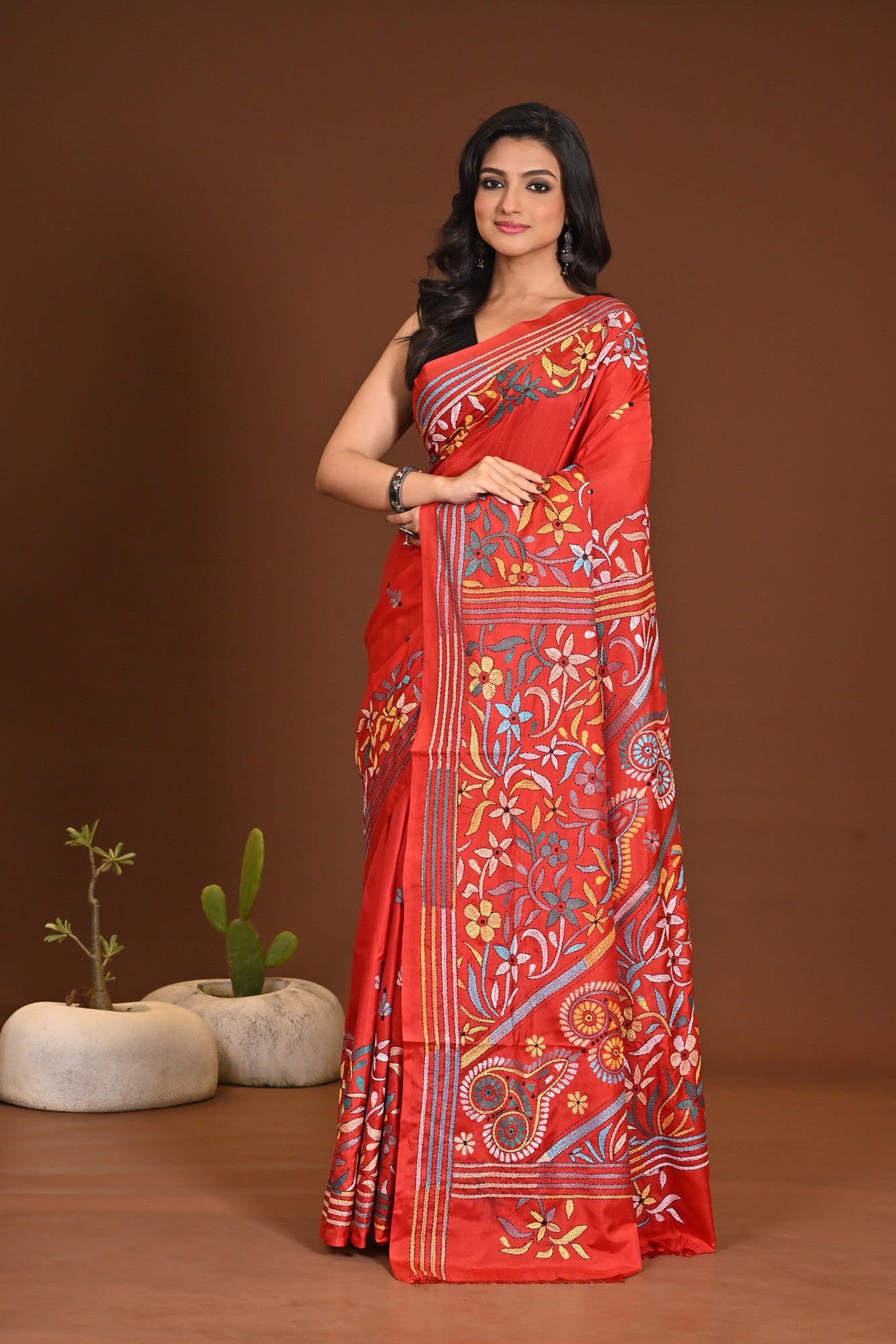 Blended Silk Kantha Stitch Saree Red Thumbnail